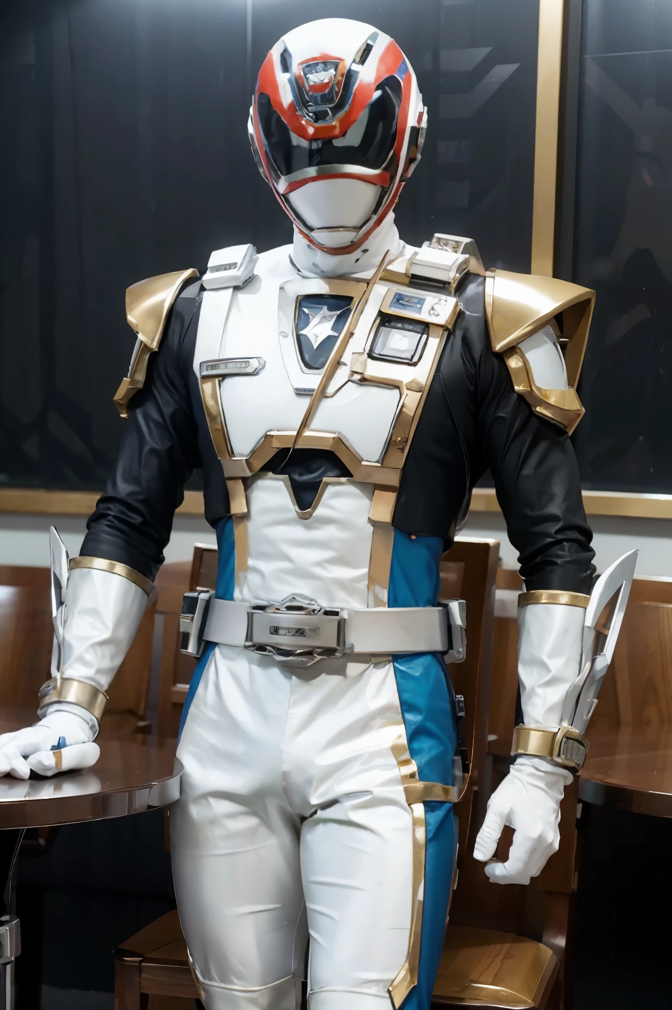 Fantasy background, cafe rpg style, empty chair, table, set of tea glass, (power rangers)), One guy、, ((white ranger suit)), red and blue chest armor with gold details,   costume, Solo, ((fit figure)), (Anatomically correct), Cowboy shot, masked face, guns, muscular build