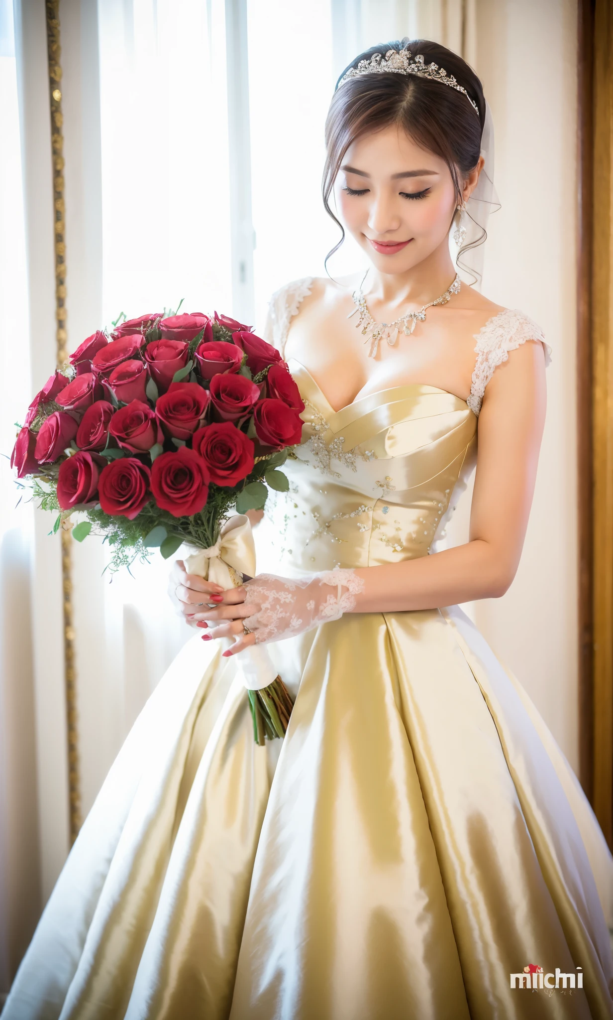 Arabian woman in wedding dress holding bouquet of roses, Lovely lady, With flowers, sakimi chan, Yoshitomo Nara, Photo taken with Nikon D750, Photo taken with Nikon D750, Cute and elegant pose, Shot with Canon EOS 5D Mark IV, Beautiful Asian Girl, deayami kojima