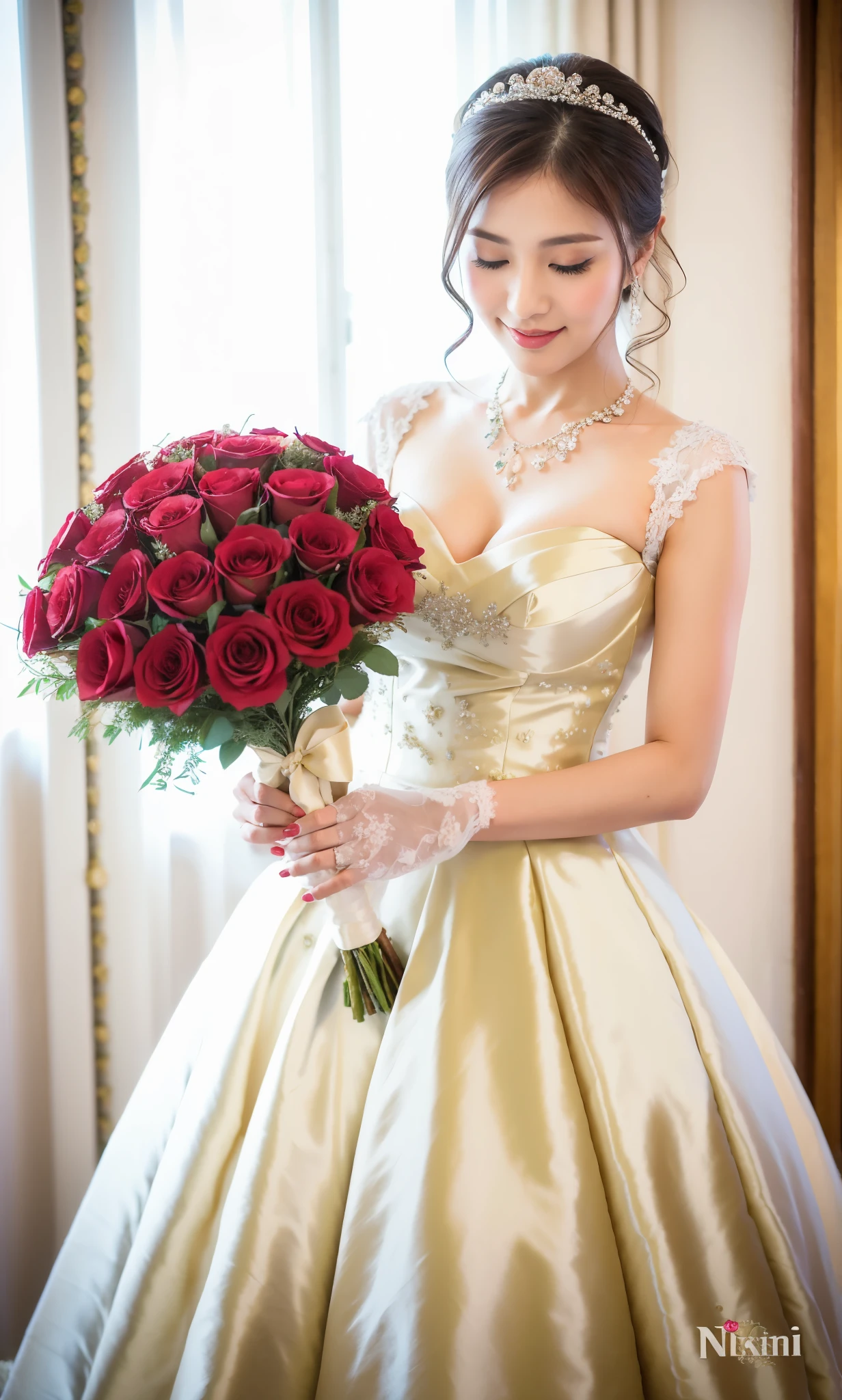 Arabian woman in wedding dress holding bouquet of roses, Lovely lady, With flowers, sakimi chan, Yoshitomo Nara, Photo taken with Nikon D750, Photo taken with Nikon D750, Cute and elegant pose, Shot with Canon EOS 5D Mark IV, Beautiful Asian Girl, deayami kojima