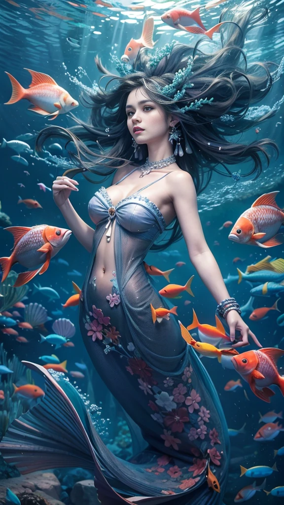 A Mermaid swimming in the clear waters . she wears a simple loincloth and a necklace of shells, showing breast, tight tits, The coral reefs are teeming with marine life, such as fish, turtles, sharks, and manta rays. The islands are covered with tropical forests and white sand beaches. Intricate details and vibrant colors,intricate details, hyper realistic illustration, fantastic painting ,capturing the pristine and diverse beauty of the scene.