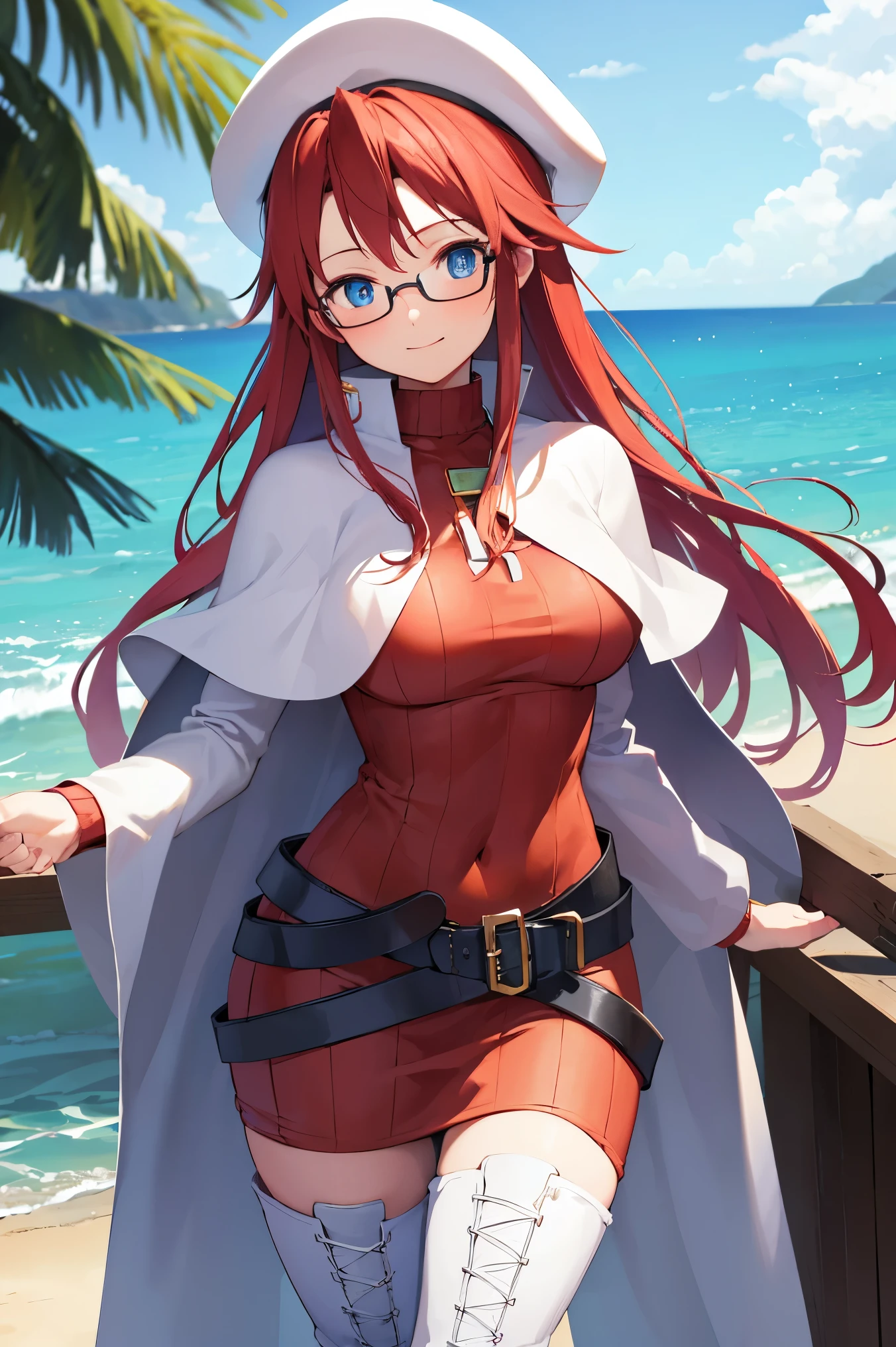 summonnightaty, aty, (young:1.3),long hair, blue eyes, red hair, big_berets, hat, glasses,
BREAK long hair, thighhighs, hat, dress, boots, glasses, belt, cape, sweater, zettai ryouiki, beret, thigh boots, white footwear, ribbed sweater, loose belt,solo,
BREAK outdoors, fantasy,on_beach,
,Highquality_hads,perfect_fingers,
BREAK (masterpiece:1.2), best quality, high resolution, unity 8k wallpaper, (illustration:0.8), (beautiful detailed eyes:1.6), extremely detailed face, perfect lighting, extremely detailed CG, (perfect hands, perfect anatomy),covered_nipples,covered_navel ,half_eyes,long_sword,sleepy,standing,red_sweater,apart_knees,magical_effect,spread_legs, have_a_book,teacher,rise_knee,Smile,rise_hand,look_down_viewer,spread_arms,sea​_waves