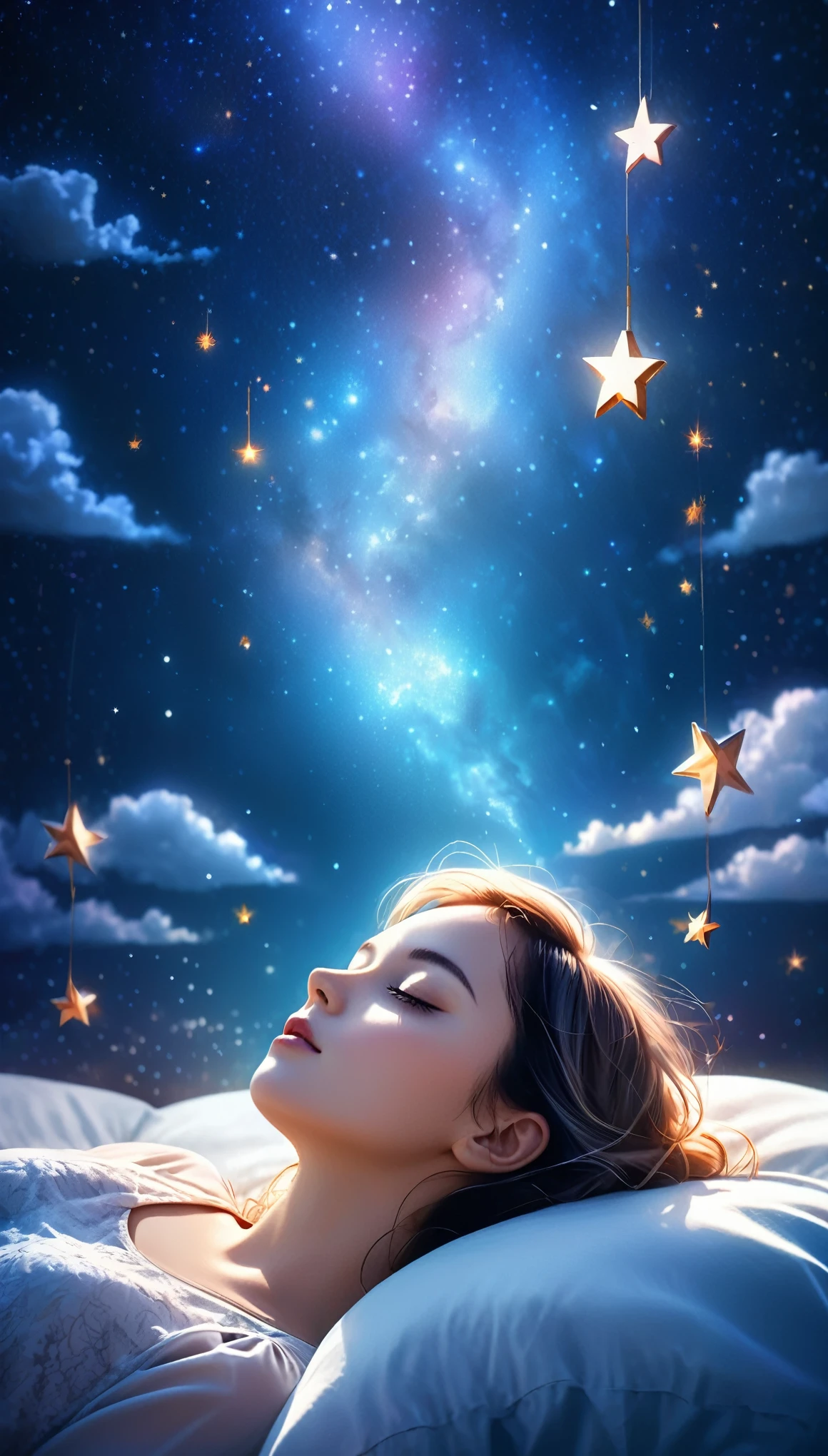 woman sleeping in a cloudy bed with stars and night sky, A Dreamy Night, fabulous atmosphere, fabulous surrealism, atmosphere of fantasy and dreams, lost in a lucid dream, waking up initiated a lucid dream, Lucid dreaming, High-quality astral projection render, If only I could sleep, reality, Filled with dreams, inspired by Cyril Rolando, 8k Dream Atmosphere