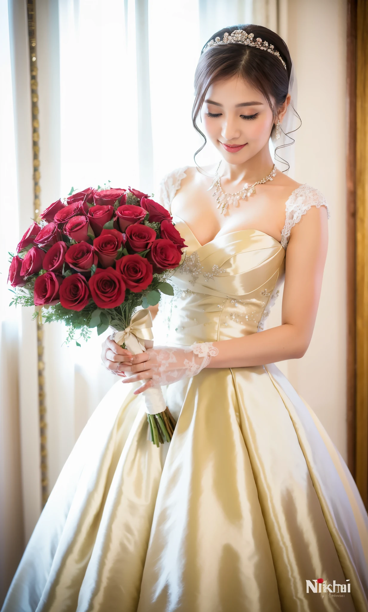 Arabian woman in wedding dress holding bouquet of roses, Lovely lady, With flowers, sakimi chan, Yoshitomo Nara, Photo taken with Nikon D750, Photo taken with Nikon D750, Cute and elegant pose, Shot with Canon EOS 5D Mark IV, Beautiful Asian Girl, deayami kojima