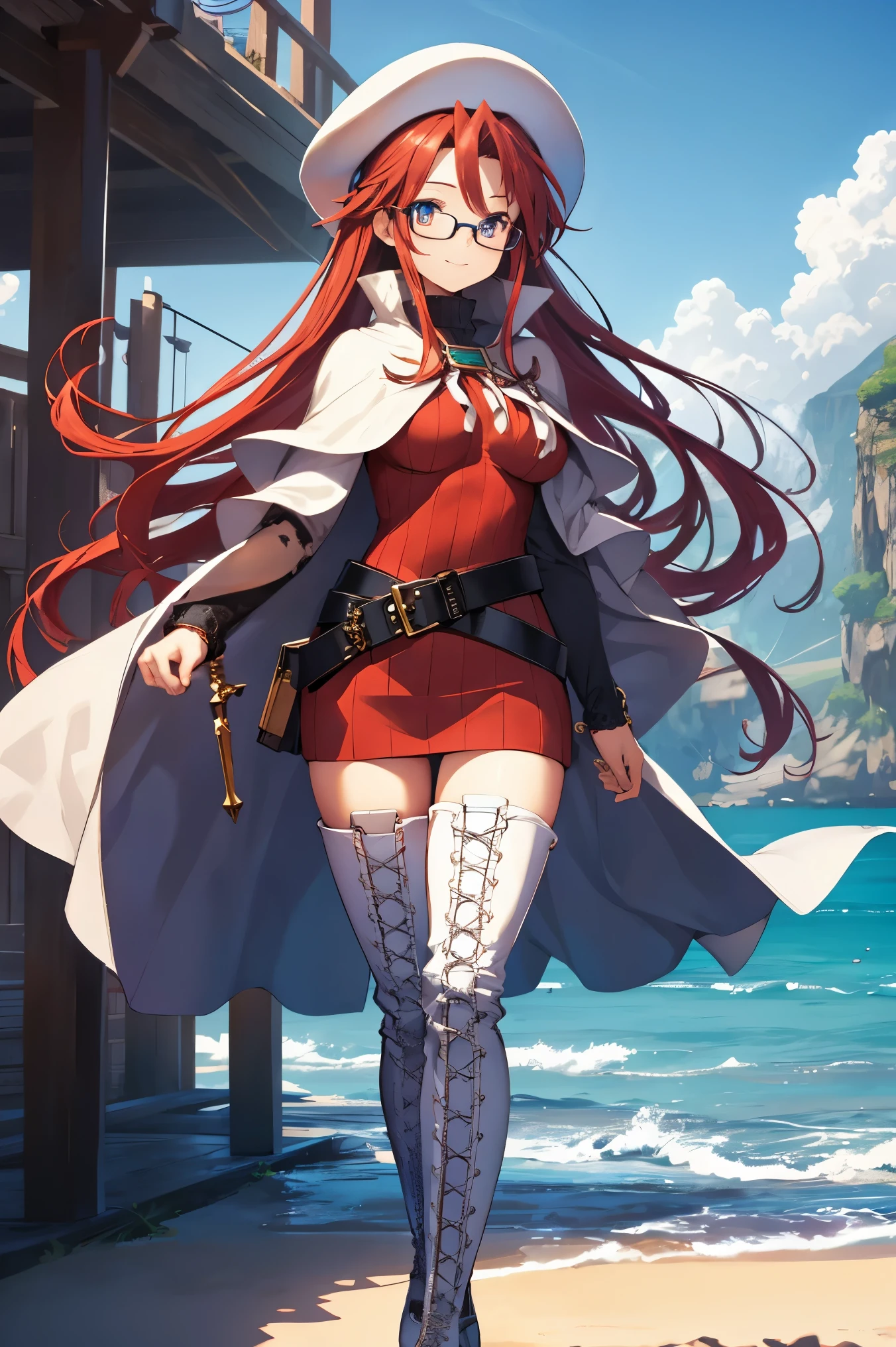 summonnightaty, aty, (young:1.3),long hair, blue eyes, red hair, big_berets, hat, glasses,
BREAK long hair, thighhighs, hat, dress, boots, glasses, belt, cape, sweater, zettai ryouiki, beret, thigh boots, white footwear, ribbed sweater, loose belt,solo,
BREAK outdoors, fantasy,on_beach,
,Highquality_hads,perfect_fingers,
BREAK (masterpiece:1.2), best quality, high resolution, unity 8k wallpaper, (illustration:0.8), (beautiful detailed eyes:1.6), extremely detailed face, perfect lighting, extremely detailed CG, (perfect hands, perfect anatomy),covered_nipples,covered_navel ,half_eyes,long_sword,sleepy,standing,red_sweater,apart_knees,magical_effect,spread_legs, have_a_book,teacher,rise_knee,Smile,rise_hand,look_down_viewer,spread_arms,sea​_waves