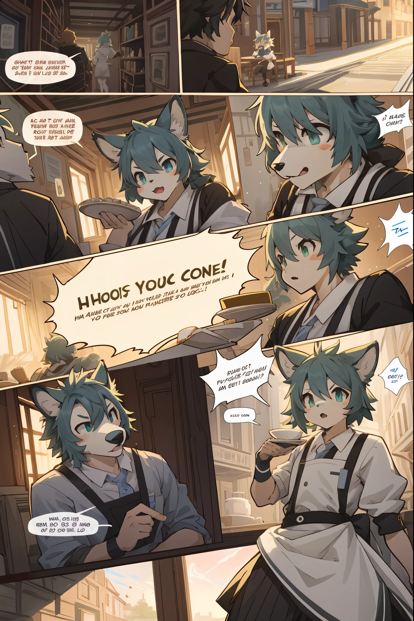 top quality, best quality, highres, masterpiece, super high resolution, detailed background, Casual reutaurant interior, part-time job, waiter, 6+boys, 6+girls, absurdres(highly detailed beautiful face and eyes)perfect anatomy, good lighting, cinematic shadow(kemono, furry anthro)assorted expressions, assorted poses, assorted angles, full body, upper shot, dynamic angle(girls comic-like panel layouts, speech balloon, English text, Hand-drawn sound effects stickers used in girls comic),