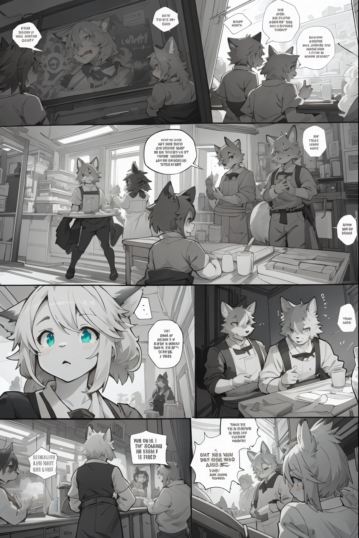 top quality, best quality, highres, masterpiece, super high resolution, detailed background, Casual reutaurant interior, part-time job, waiter, 6+boys, 6+girls, absurdres(highly detailed beautiful face and eyes)perfect anatomy, good lighting, cinematic shadow(kemono, furry anthro)assorted expressions, assorted poses, assorted angles, full body, upper shot, dynamic angle(girls comic-like panel layouts, speech balloon, English text, Hand-drawn sound effects stickers used in girls comic),