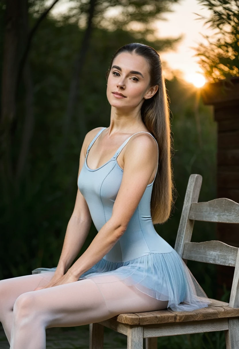 this woman has perfect posture, she sits on a wood chair, summer evening, upright, perfect posture, her feet in ballet pointed, hands to her sides, long brushed hair, she is being seen from the side, her sitted position is perfect, elegant