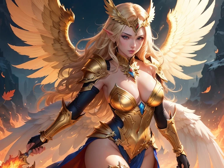 ((best quality)), ((masterpiece)), (detailed), Perfect body,Close-up of a woman wearing a golden costume with wings, Angel golden armor, The majestic angel, angel knight girl, Final Fantasy Tactics Characters, Mysterious Atlantean Valkyrie, as a Mysterious Valkyrie, Seraph, Maple Leaf Story Character Art, With fiery golden wings, Golden Wings, April Rendering, Mysterious Valkyrie, Close-up of a woman wearing a golden costume with wings, Concept art inspired by PwC, pixiv, Baroque, Angel golden armor, The majestic angel, angel knight girl, Final Fantasy Tactics Characters, Mysterious Atlantean Valkyrie, as a Mysterious Valkyrie, Seraph, Maple Leaf Story Character Art, With fiery golden wings, Golden Wings, Battle with the orcs