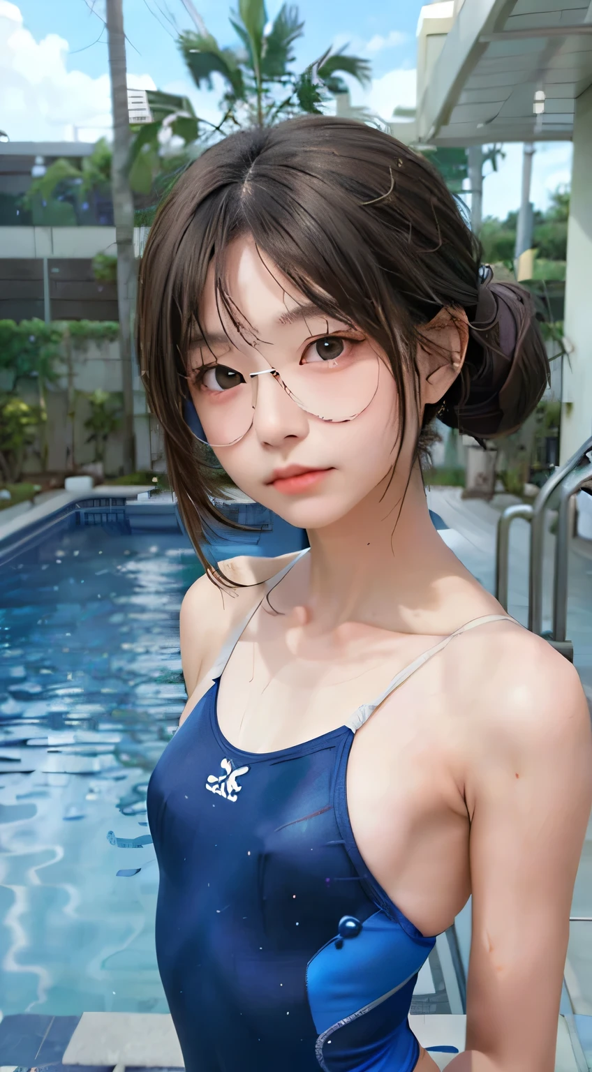 highest quality, RAW Photos, Realistic, face, Incredibly beautiful girl, cute, length Hair,ponytail，Glasses，Written boundary depth, High resolution, Super detailed, detailed, Very detaileded, extremely detaileded eye and face, Sharp pupils, Realistic students, Sharp focus, Cinema Lighting, Japanese, Short Woman,  Physical build, Short arms, length, Narrow eyes, Fleeting atmosphere, 30 years old, Brown bob hair, ((thin lips)), White top and bottom underwear, masterpiece, highest quality, Detailed skin, Detailed face, fine grain, 8k, Excellent anatomy, Upper body portrait，flat breasts, small breasts, small,( small bust: 1.2), small bust, (slim, small, flat, small), thin, Delicate and sexy collarbone, One Girl, (beautiful girl, Delicate girl:1.3), (15 years old:1.3),
break, (One Piece Swimwear, Swimwear:1.2),
break, (Pool:1.3),
break, Very beautiful eyes, (Symmetrical eyes:1.3),
break, , Brown eyes, Parted bangs, Brown Hair, (Upper teeth, The best smile:0.2),
break, (Eyes and face detail:1.0),
break, (masterpiece, highest quality, Super detailed, Detailed face, 8k)