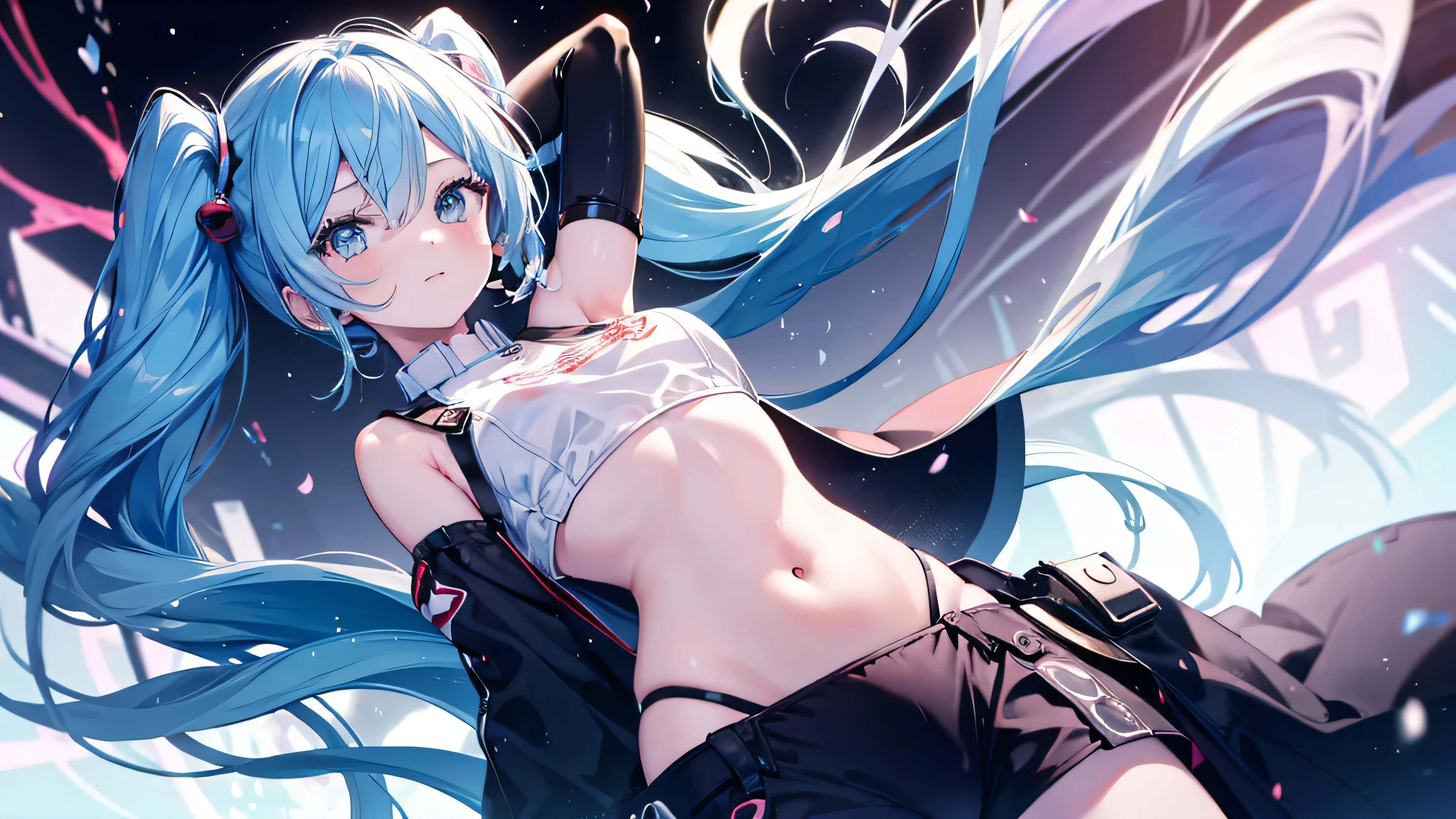 1 girl、belly button、Put your arms behind your back