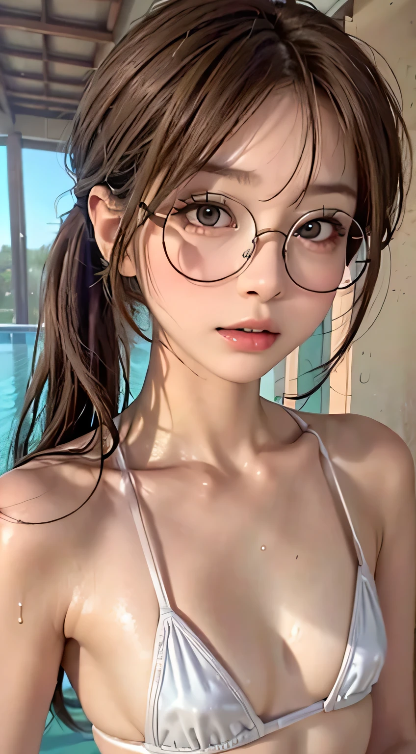 highest quality, RAW Photos, Realistic, face, Incredibly beautiful girl, cute, length Hair,ponytail,Glasses,Written boundary depth, High resolution, Super detailed, detailed, Very detaileded, extremely detaileded eye and face, Sharp pupils, Realistic students, Sharp focus, Cinema Lighting, Japanese, Short Woman, Physical build, Short arms, length, Narrow eyes, Fleeting atmosphere, 30 years old, Brown bob hair, ((thin lips)), White top and bottom underwear, masterpiece, highest quality, Detailed skin, Detailed face, fine grain, 8k, Excellent anatomy, Upper body portrait,flat breasts, small breasts, small,( small bust: 1.2), small bust, (slim, small, flat, small), thin, Delicate and sexy collarbone, One Girl, (beautiful girl, Delicate girl:1.3), (:1.3),
break, (One Piece Swimwear, Swimwear:1.2),
break, (Pool:1.3),
break, Very beautiful eyes, (Symmetrical eyes:1.3),
break, , Brown eyes, Parted bangs, Brown Hair, (Upper teeth, The best smile:0.2),
break, (Eyes and face detail:1.0),
break, (masterpiece, highest quality, Super detailed, Detailed face, 8k)