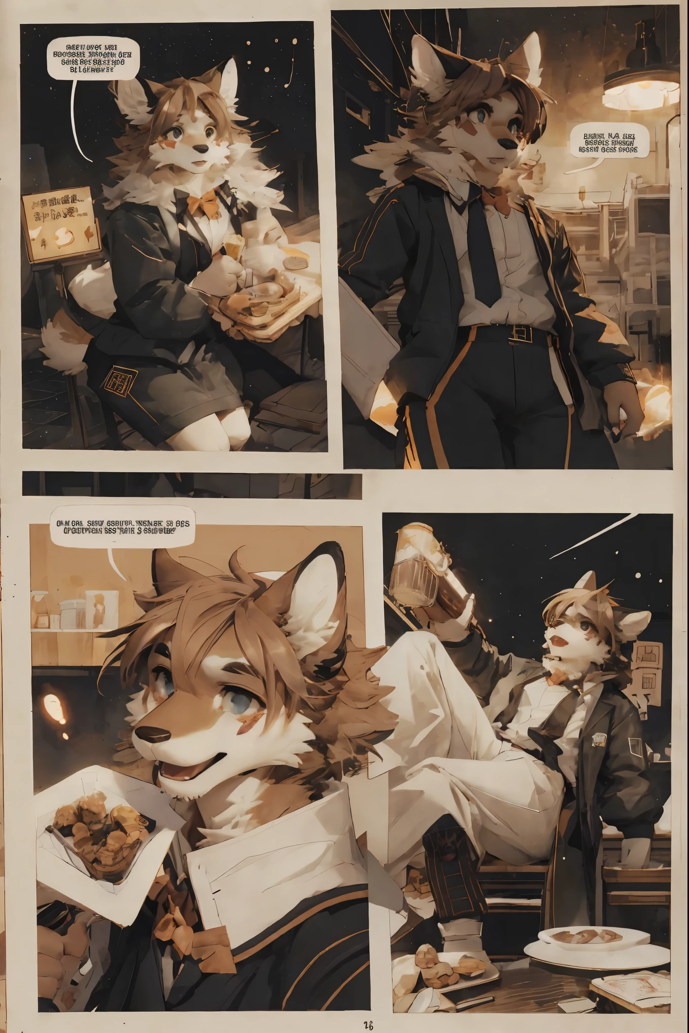 top quality, best quality, highres, masterpiece, super high resolution, detailed background, Casual reutaurant interior, part-time job, waiter, 6+boys, 6+girls, absurdres(highly detailed beautiful face and eyes)perfect anatomy, good lighting, cinematic shadow(kemono, furry anthro)assorted expressions, assorted poses, assorted angles, full body, upper shot, dynamic angle(girls comic-like panel layouts, speech balloon, English text, Hand-drawn sound effects stickers used in girls comic),