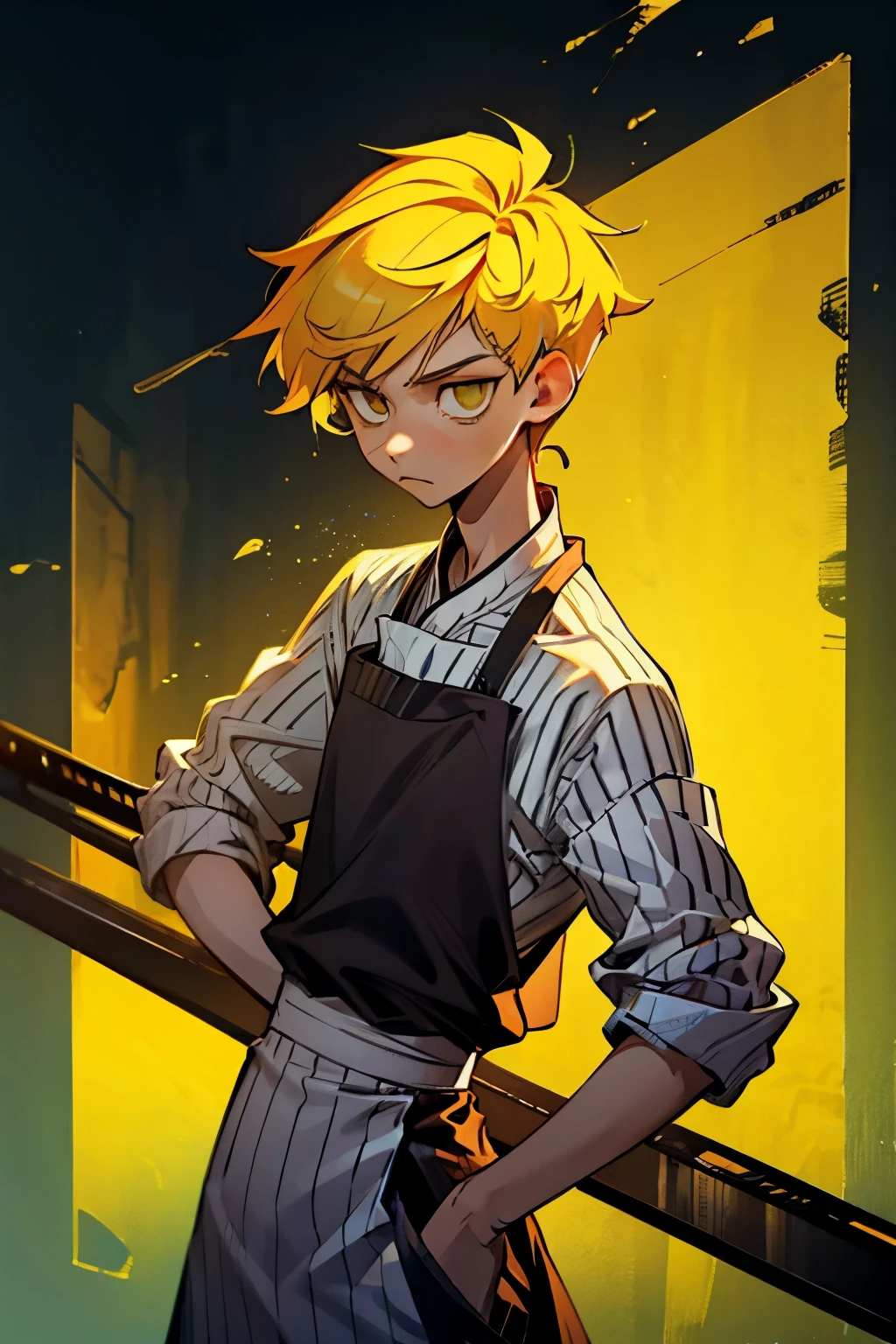 1kpop boy, slim body,fade cuted side yellow hair(hunter style), wears chef clothes yellow stripe upper, more sexier
