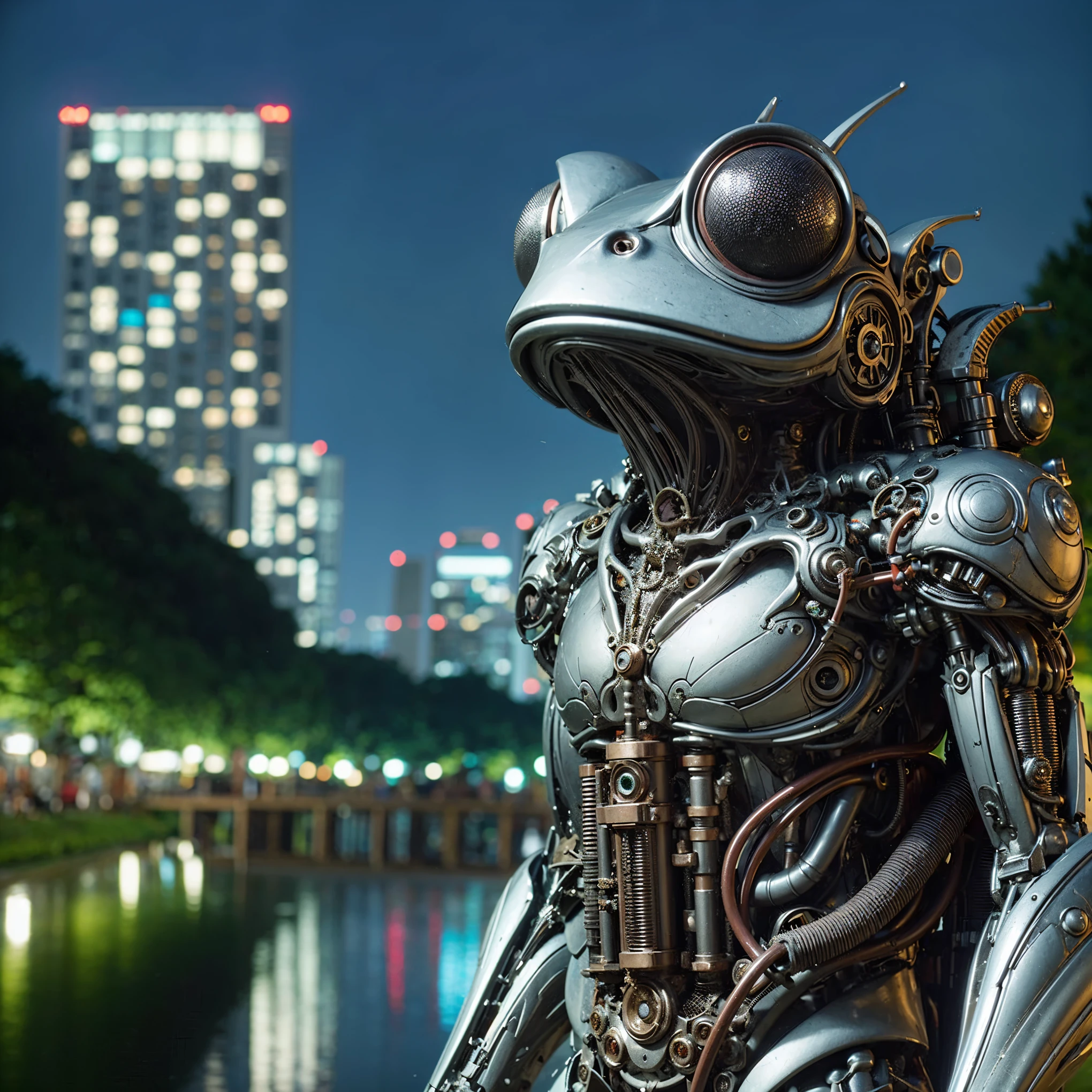 Masterpiece, (ultimate quality:1.2), 8k, Japanese woman in hedgehog-type powered suit, silver base with green and red accents, very beautiful face, mechanical, (mechanical bat wings), hydraulic cylinder, power pipe, ultimately intricate details, full body shot, (ultimate photo Realistic:1.37), Park with a beautiful view at night, (Steampunk: 1.2), (biopunk), Full body photo, Wide-angle shot, Please generate at least 4 photos.