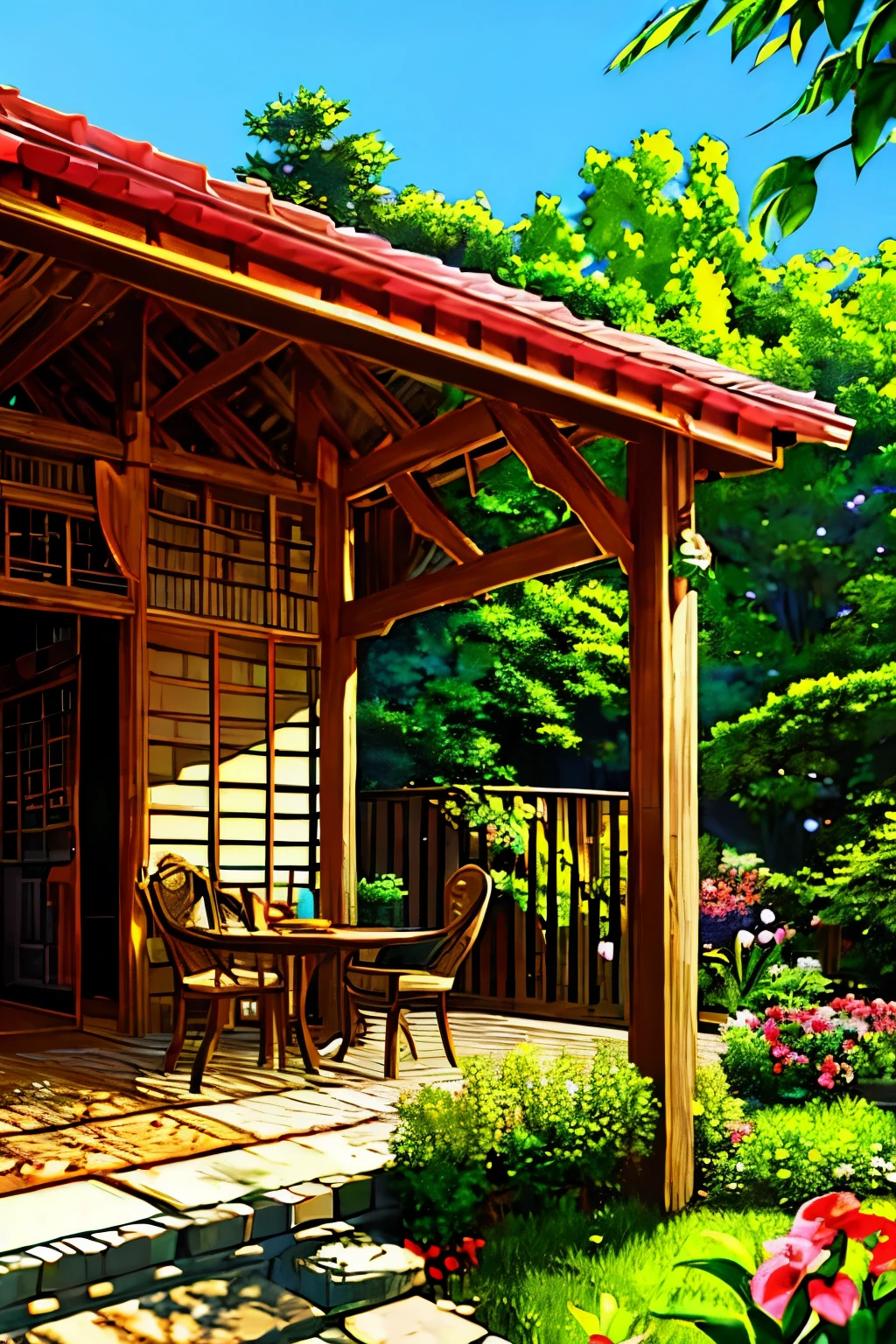 a detailed patio of a city house, lush greenery, vibrant warm colors, blooming flowers, sunlight streaming through, wooden furniture, rustic stone walls, cozy atmosphere, peaceful oasis, (best quality,4k,8k,highres,masterpiece:1.2),ultra-detailed,(realistic,photorealistic,photo-realistic:1.37),detailed nature, beautiful garden, serene outdoor living space, inviting patio, warm tones, sunlit patio, verdant foliage, scenic backyard, captivating landscape, charming city home