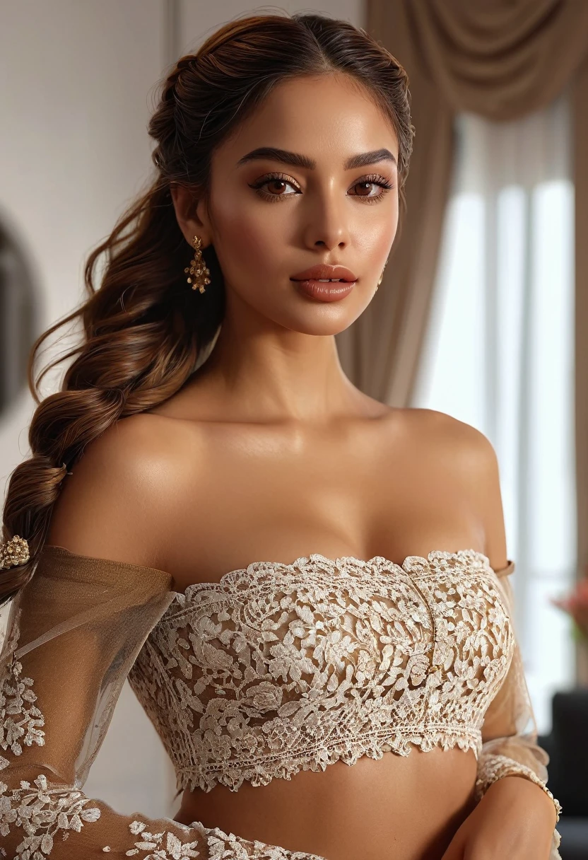 (best quality,4k,highres,masterpiece:1.2),ultra-detailed,(realistic:1.37),(beautiful:1.1) brown-eyed woman with long braid hair and a medium stature, wearing casual and sexy and glamorous clothes, standing gracefully in a well-lit living room. The room is furnished with modern and elegant furniture, giving a luxurious atmosphere. The woman's beautiful face is detailed, with captivating eyes that shine with brown color. Her lips are full and luscious, adding to her sensual appeal. She exudes confidence and elegance as she poses, showcasing her entire body. The lighting in the room highlights her beautiful brown skin, giving it a warm and radiant glow. The overall scene has vivid colors and sharp focus, creating a realistic and photorealistic image. 24k gold and diamond jewelry and necklace, lace strapless clothing, full body