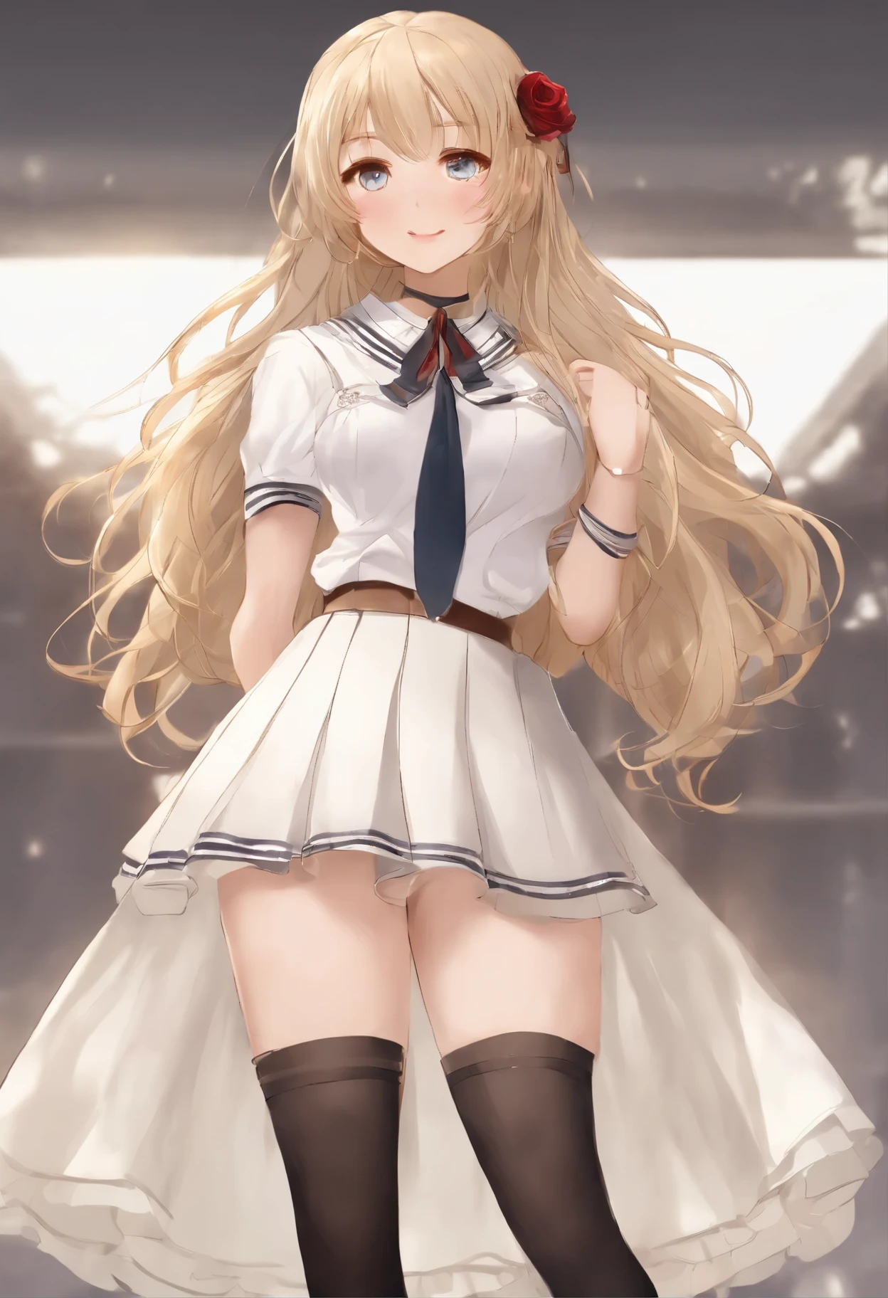 ((best quality,4k,High resolution,masterpiece:1.2)),((Character Concept Art)), 1 female, Adolescent females, Hot high school girl, ((Long hair dyed brown or blonde)), Hairstyles with Multiple Accessories, (Tan skin), Extremely fine eyes (Decorative contact lenses), fashionable, Outgoing, Socially active, slim body, ((Intricate details)), Very delicate hands, Extremely fine fingers(((Ten fingers))), Wearing a white short-sleeved school uniform shirt，bow tie, Gray school skirt, knee high school socks, and black school loafers., Heavy makeup, (casually standing), (Full body display), (revealing the whole body), (No logos on background), (No logo), ((Solid color background)), ((Solid color background)), (((Empty background)))
