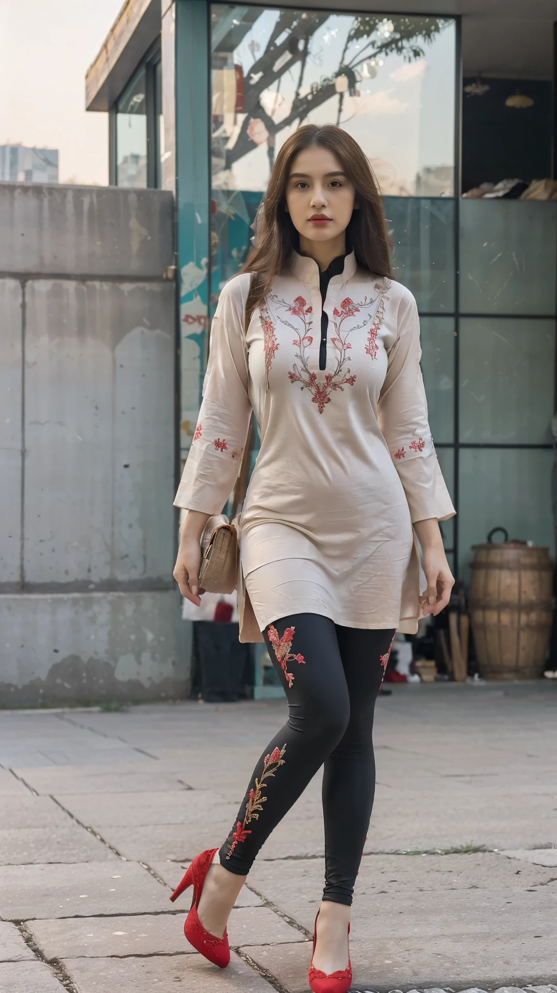 ((girl outdoor, luxurious outdoor city, luxurious place,),
(((Full body shot))), (wide standing position), (looking at viewers, front view shots, wide angle view), (masterpiece, hyper_realistic, hyper_detailed, photorealists, photo_realism), 20 years old lady, 16k, FHD, UHD, high quality pictures, extremely detailed, candid brightness, candid shots, (iconic picture shot, perfect brightness, perfect contrast, perfect colour), (pretty face, iconic face), (detailed face, detailed eye, detailed lips, detailed neck, ultra realistic face, ultra realistic eye, ultra realistic lips), (attractive hair style, hair style), (sagging perky breasts, perfect rounded breasts, attractive breasts, perfect breasts shape), (attractive body figure, perfect body figure, perfect figure, curvy_figure, hourglass_figure), (embroidery High heels, fancy high heels, iconic heels),
(((Masterpiece kurta, luxurious kurta, iconic kurta), fancy embroidery kurta), (embroidery red kurta), red iconic kurta, ruffled kurta, flared kurta, fancy kurta, long skinny sleeves, fancy neck kurta, fancy leggings, black leggings). , ,