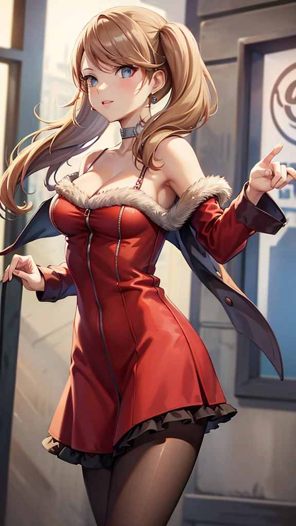masterpiece, best quality, highres, 1girl, solo, takebawinter, dress, fur trim, choker, earrings, bare shoulders, collarbone, AnnTak, CasualCL, wearing CasualCL, red pantyhose, skirt, jacket, happy, dancing cowbow shot, city street