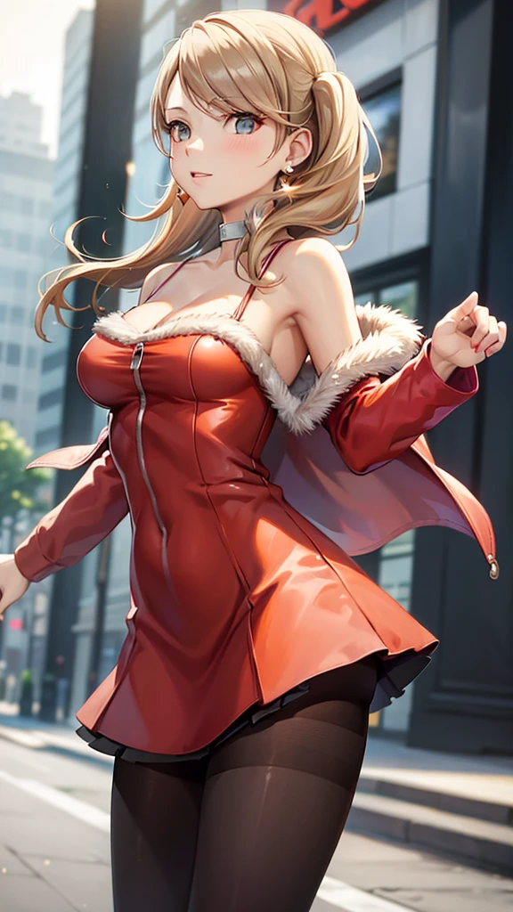 masterpiece, best quality, highres, 1girl, solo, takebawinter, dress, fur trim, choker, earrings, bare shoulders, collarbone, AnnTak, CasualCL, wearing CasualCL, red pantyhose, skirt, jacket, happy, dancing cowbow shot, city street
