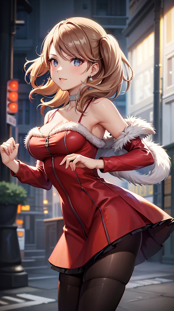 masterpiece, best quality, highres, 1girl, solo, takebawinter, dress, fur trim, choker, earrings, bare shoulders, collarbone, AnnTak, CasualCL, wearing CasualCL, red pantyhose, skirt, jacket, happy, dancing cowbow shot, city street