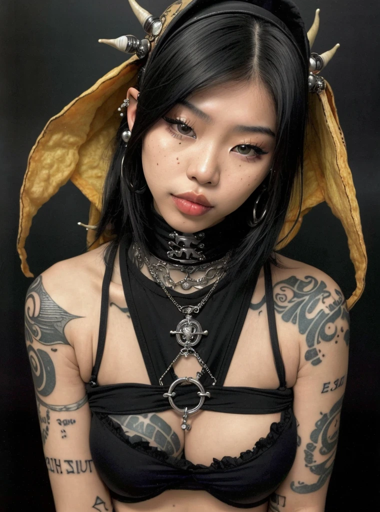 realista, mirando al espectador, Alien costume, dorritos, (Alta calidad), (high resolution), complex composition, slim punk asian 18 year old woman big breasts, muslos altos, tatuajes, piercings, labios grandes