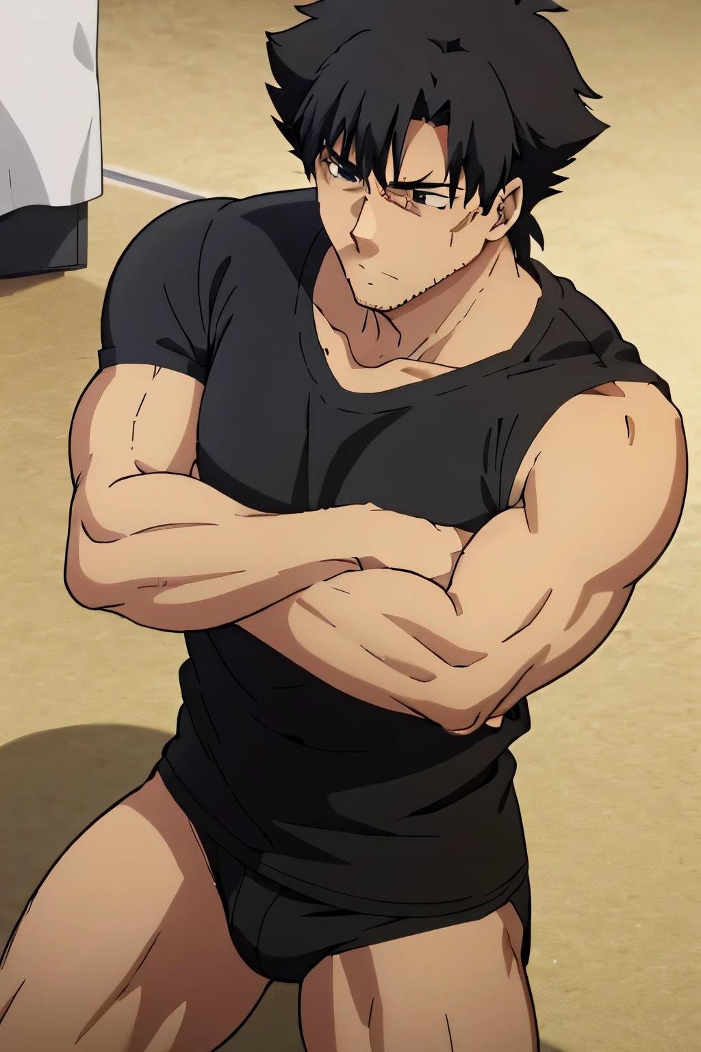 Kiritsugu is sitting and flexing his biceps and abs. He wears black short boxershorts. You can see his thighs. He looks annoyed. He has bulging veins on his arms. He wears a black tshirt with short sleeves. His right sleeve is completely rolled up so you can see his entire arm and shoulder. He is showing his abs too.