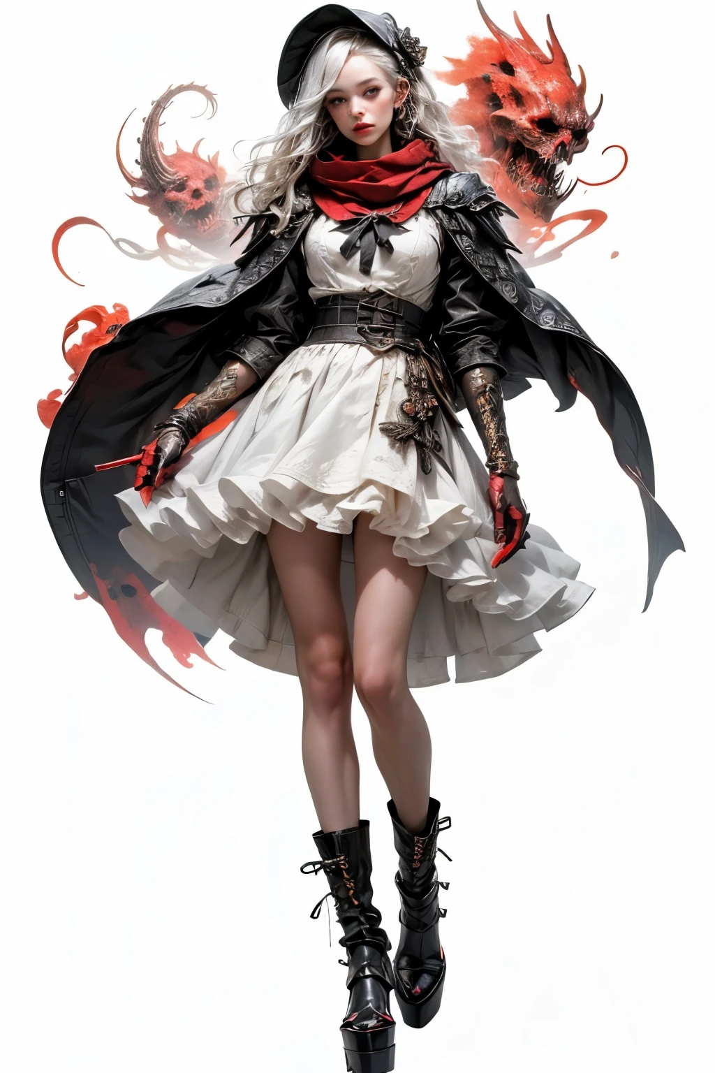 ((best quality)), ((masterpiece)), (detailed), perfect face, ((best quality)), ((masterpiece)), (detailed), perfect face(Golden ratio:1.2),(Fault color:1.3),[(White background:1.4)::10], (full bodyesbian:1.2),(Ultra-detailed:1.3), （white color background）white background, plain background, teens girl，White hair，Red glowing eyes, photorealestic,（（（Red and white trench coat））），（Red scarf)，a black pleated skirt，black t-shirts，longer sleeves，（（With a hood）），side-lighting, NSFW, Depicting female characters from ethereal anime in a high-quality anime art style，，，8K，Red and white shoes with a sense of technology，(chaotic geometric images:1.3),(nagative space:0.8), (ether colorful ink flowing:1.3), a knight, white background, plain background, Bloodborne inspired, tatty Bloodborne attire, occult aesthetic, occult, tatty red and white clothing detailed and intricate steampunk and detailed gothic lolita (with a hood), long coat, Complex laced boots, Fluttering lace flared long knee length dress with frilly petticoats, long dress, knee length dress, pleated petticoats, lolita dress, petticoats gothic lolita, beautiful small breasts, (((( Highly detailed face))), small thin nose, Small thin lips mouth, (((Very sharp focused eyes))), Very large slit precision pale grey eyes that shine like jewels. very long eyelashes, Silver hair swaying in the wind, Emitting a dazzling light in a mandala pattern, white background, Very dramatic and cinematic lighting, tatty damaged old red and white clothing, full body, whole body, body, cosmic horror, grim dark