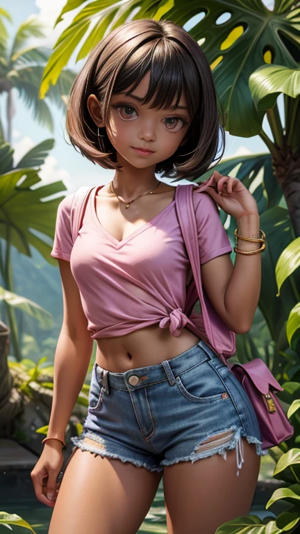 (masterpiece), best quality, expressive eyes, perfect face, (Maya Ruins deep in the jungle background), (standing), (smirk), (1girl, age 18+, Jenna Ortega face, Latina, dark skin, tanned skin, brown hair, short hair with bangs, bob hairstyle, brown eyes, hourglass figure, thin body, skinny body, petite_body, wide hips, thick thighs), (((loose fit v-neck pink shirt)), croptop, short sleeve, ((torn orange shorts)), ((purple backpack on back with sholder straps)), gold bracelet),