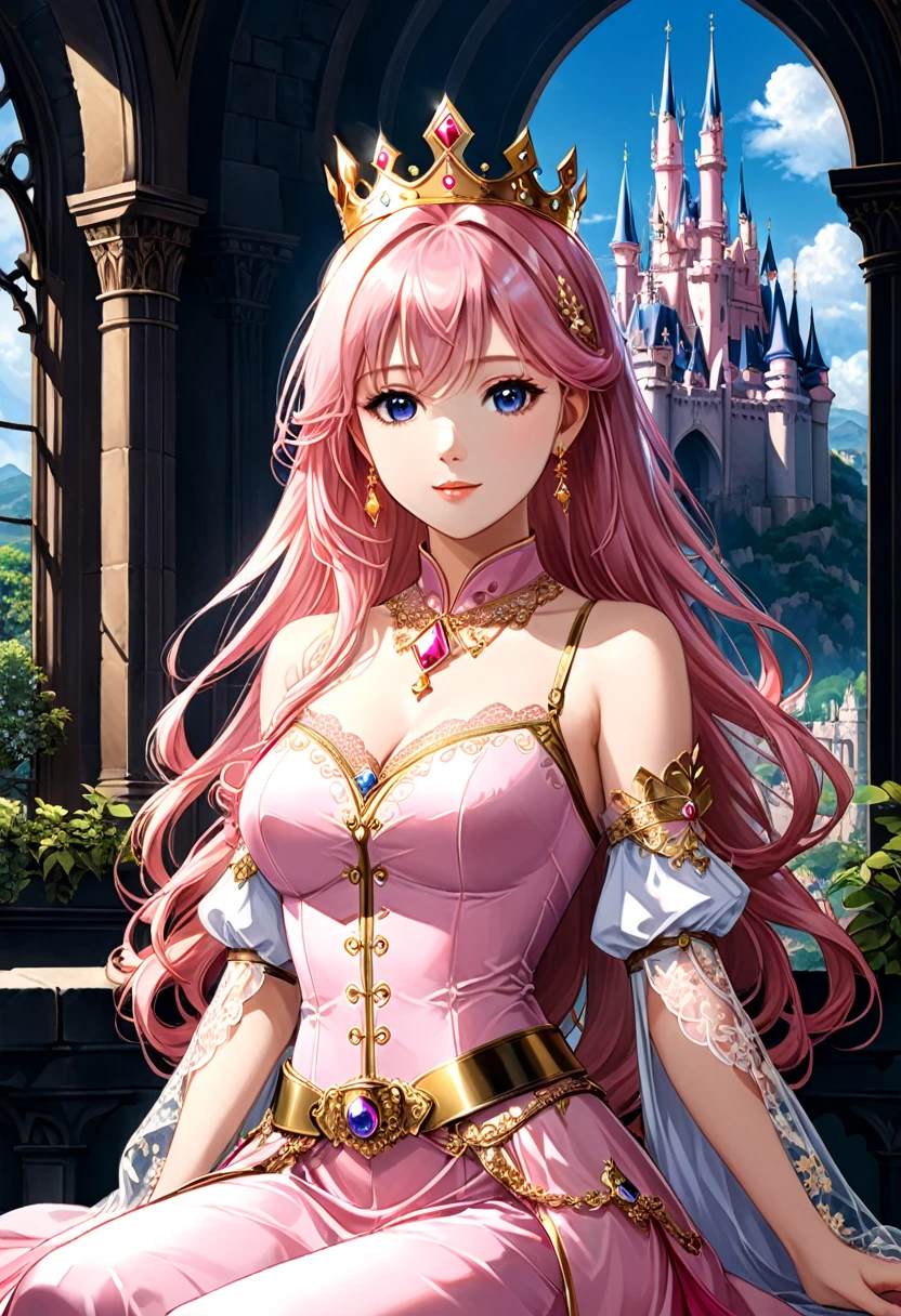 90s Cartoons, 1girl, anime_girl, pink_hair, long_hair, wearing a crown, dressed in a pink outfit, detailed_design, gold_belt, delicate_lace_sleeves, sitting_pose, realistic_anime_style, soft_lighting, elegant_background, castle_architecture, intricate_details, vibrant_colors, serene_expression, gentle_smile, fantasy_theme, princess_aesthetic, beautiful, enchanting, (dynamic pose:1.3), (masterpiece, best quality, Professional, perfect composition, very aesthetic, absurdres, ultra-detailed, intricate details:1.3)