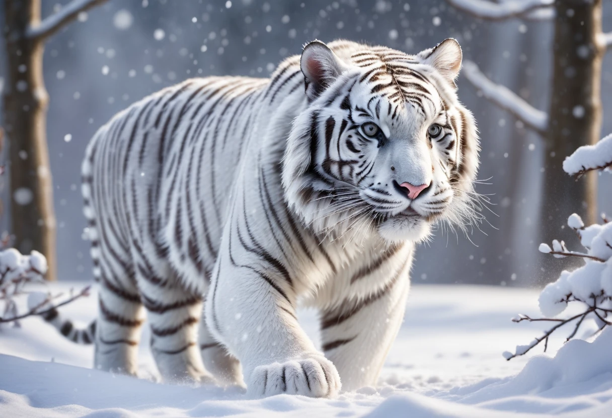 best quality, 4k, 8k, high resolution, (masterpiece: 1.2), ultra detailed, (realistic: 1.37), high quality professional photography of a white tiger playing in the snow