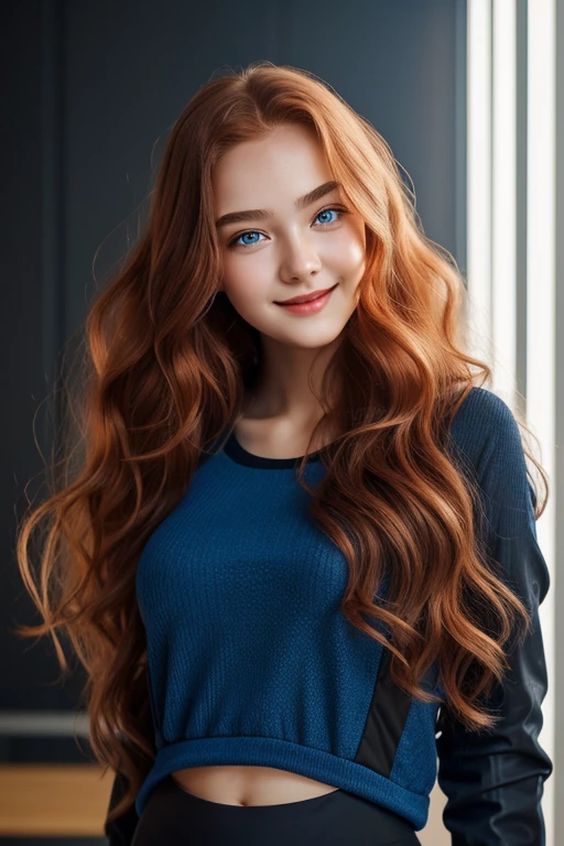 16 years old girl, beautiful big striking blue eyes, delicate black eyebrows, rosy cheeks, red lips, smiling face very white skin, long wavy orange hair cascading around her face and shoulders, detailed eyelashes, photorealistic cyberpunk style, perfectly focused, creamy smooth complexion, beautifully lit by soft diffused studio lights, extremely fine details, finely textured skin and hair full head to toe photo, wearing sport leggings