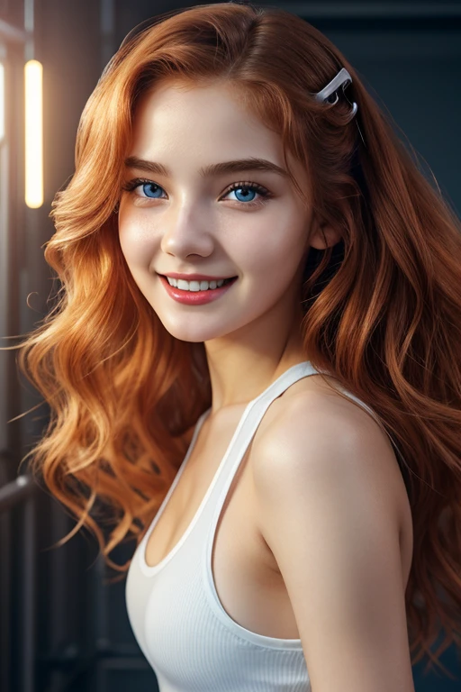16 years old girl, beautiful big striking blue eyes, delicate black eyebrows, rosy cheeks, red lips, smiling face very white skin, long wavy orange hair cascading around her face and shoulders, detailed eyelashes, photorealistic cyberpunk style, perfectly focused, creamy smooth complexion, beautifully lit by soft diffused studio lights, extremely fine details, finely textured skin and hair full head to toe photo, wearing sport leggings