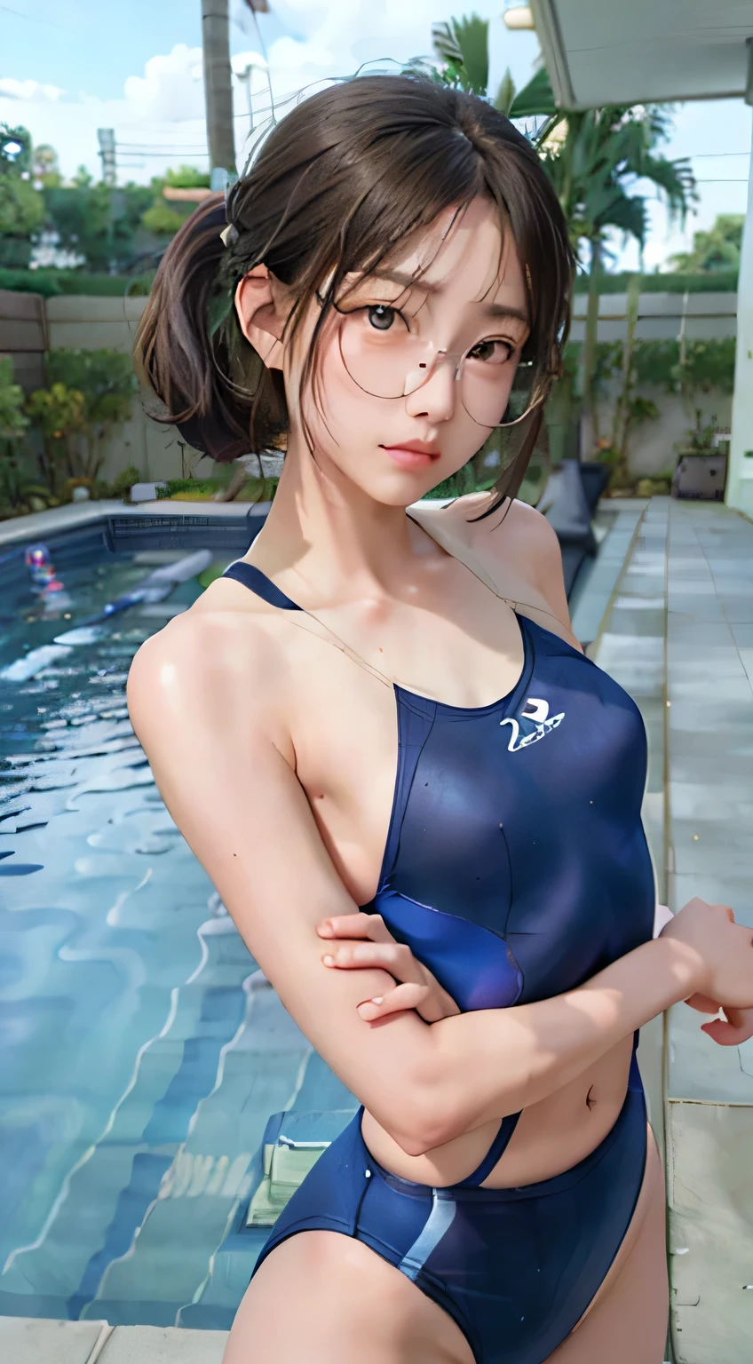 highest quality, RAW Photos, Realistic, face, Incredibly beautiful girl, cute, length Hair,ponytail,Glasses,Written boundary depth, High resolution, Super detailed, detailed, Very detaileded, extremely detaileded eye and face, Sharp pupils, Realistic students, Sharp focus, Cinema Lighting, Japanese, Short Woman, Physical build, Short arms, length, Narrow eyes, Fleeting atmosphere, 30 years old, Brown bob hair, ((thin lips)), White top and bottom underwear, masterpiece, highest quality, Detailed skin, Detailed face, fine grain, 8k, Excellent anatomy, Upper body portrait,flat breasts, small breasts, small,( small bust: 1.2), small bust, (slim, small, flat, small), thin, Delicate and sexy collarbone, One Girl, (beautiful girl, Delicate girl:1.3), ( years old:1.3),
break, (One Piece Swimwear, Swimwear:1.2),
break, (Pool:1.3),
break, Very beautiful eyes, (Symmetrical eyes:1.3),
break, , Brown eyes, Parted bangs, Brown Hair, (Upper teeth, The best smile:0.2),
break, (Eyes and face detail:1.0),
break, (masterpiece, highest quality, Super detailed, Detailed face, 8k)