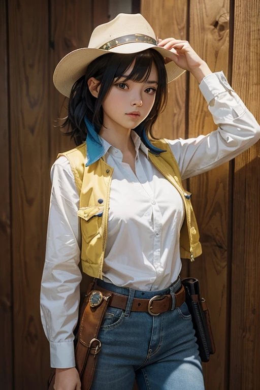 Western style, young girl in sheriff uniform, in a white shirt, yellow vest, blue trousers, holster with a revolver on the belt, on the head is a sheriff's hat with a sheriff's sign, next to her is a man bandit, look at each other, between the stones in the gorge, pointing weapons at each other, Against the backdrop of nature, River, the forest, houses are visible from afar