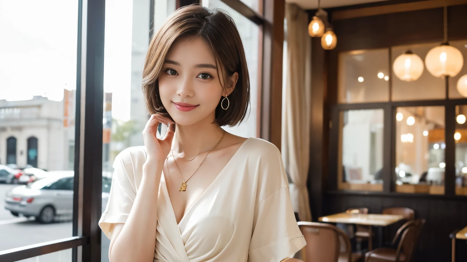 super high quality, Short Hair, Slender, Gravure photoshoot, The staff is working at the counter in the back., (8k、RAW Photos、highest quality、masterpiece:1.2), Japanese Idol, Stylish café, The cafe is crowded with people enjoying themselves., (Realistic、Photorealistic:1.37), Bob Hair, Urban Cafe, Golden Ratio, Raw photo, Light Brown Hair, Earrings, Small breasts, Bright cafe interior, Beauty salon model, Spring Clothes, Famous actress, Beauty, necklace, Cafe Terrace, Open Cafe, A kind smile, Hair blowing in the wind, Neat clothes, T-Shirts, 18-year-old, Stylish clothes, 
