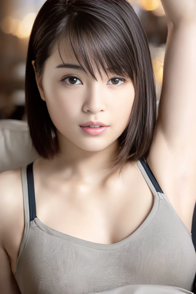 Browsing Caution, (Realistic, highest quality, RAW Photos, ((Upper Body)), Looking at the audience), to be born, masterpiece, Very detailed photos, highest quality, Ultra-high resolution, Realistic, Alpenglow, alone, Beautiful 30 year old Japan woman, Slender body、(Slim waist :1.3)、Small breasts:1.5, (((Light gray sports bra))), (((Hotel, On the bed))), Detailed face, Fine Eyes, Freckles on the face, blush:1.5((Light brown hair, Short straight bob hair)), (1 female, alone), (((Sleep on your back:1.5, From above, Upper Body,Pose with arms raised to show armpits:1.5, Put your arms behind your head:1.5, looking at the camera))), Japanese women, Small breasts, ((orgasm)), (highest quality), (Very detailed), (masterpiece), (wallpaper), (hyperDetailed face), Beautiful breasts, take up, Female dog, sexy, Golden Ratio, Beautiful woman,cute、 Embarrassing、Erect nipples, hyperDetailed face、Lip details、Detailed eyes,