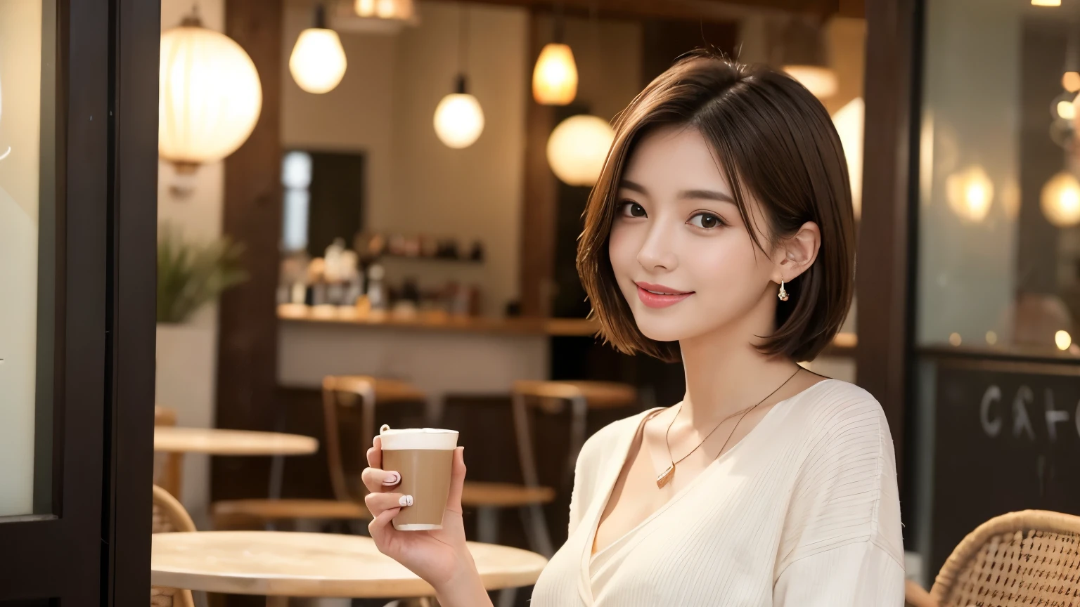 super high quality, Short Hair, Slender, Gravure photoshoot, The staff is working at the counter in the back., (8k、RAW Photos、highest quality、masterpiece:1.2), Japanese Idol, Stylish café, The cafe is crowded with people enjoying themselves., (Realistic、Photorealistic:1.37), Bob Hair, Urban Cafe, Golden Ratio, Raw photo, Light Brown Hair, Earrings, Small , Bright cafe interior, Beauty salon model, Spring Clothes, Famous actress, Beauty, necklace, Cafe Terrace, Open Cafe, A kind smile, Hair blowing in the wind, Neat clothes, T-Shirts, 18-year-old, Stylish clothes,