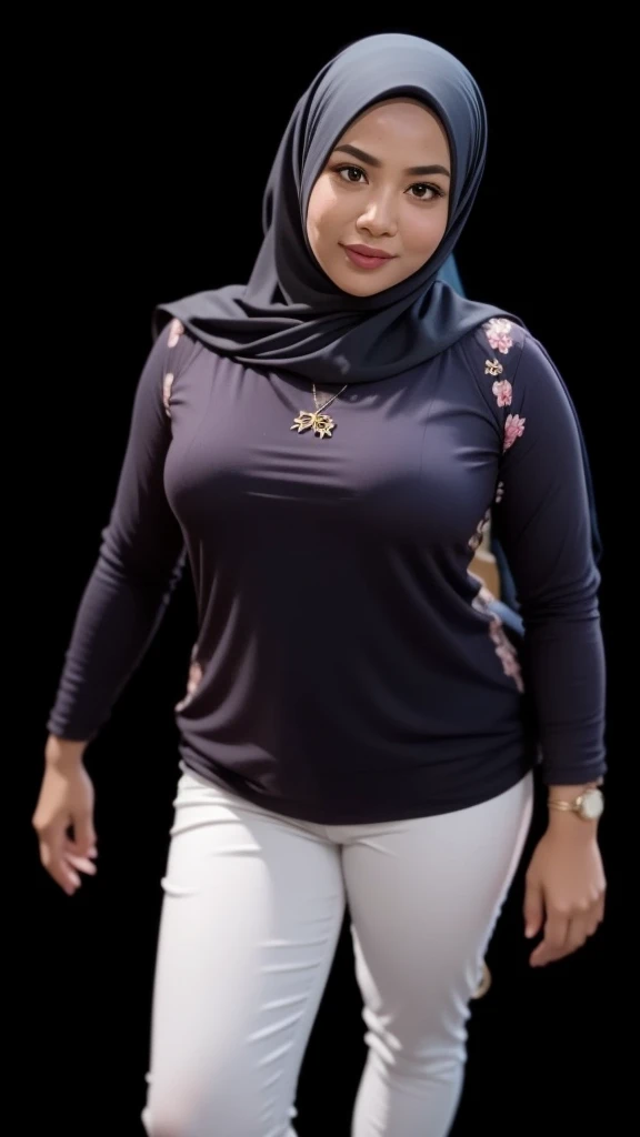 Malay girl in hijab wear small floral baju kurung malaysia in college, wear back pack, front view, detail skin, detail skin texture, mole below eyes, small breast, big hip, big waist, big thigh, slim abs, beautiful body, nighttime, laughing, happy, bright lighting, college student in background, crowded college, blur background, bokeh,