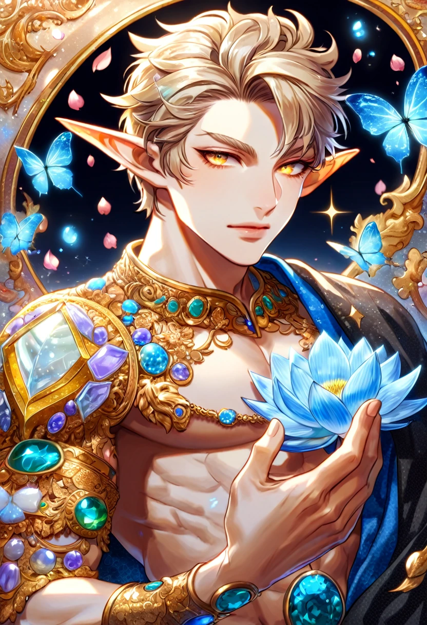 (absurdres, highres, ultra detailed, HDR) master piece, best quality, delicated features, Sun Wukong, ash-blonde hair, without bangs, expressive yellow eyes, omniscient reader's viewpoint, slightly pointy ears, solo, sexy man, toned chest, black cape, jewelry, patterns, magical fantasy, blue butterflies, glittering, sparkling, blue lotus, petals, radiant, water, background with gemstones