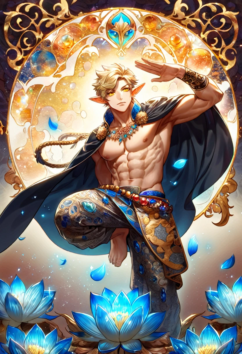 (absurdres, highres, ultra detailed, HDR) master piece, best quality, delicated features, Sun Wukong, ash-blonde hair, without bangs, expressive yellow eyes, omniscient reader's viewpoint, slightly pointy ears, solo, sexy man, toned chest, black cape, jewelry, patterns, magical fantasy, blue butterflies, glittering, sparkling, blue lotus, petals, radiant, water, background with gemstones