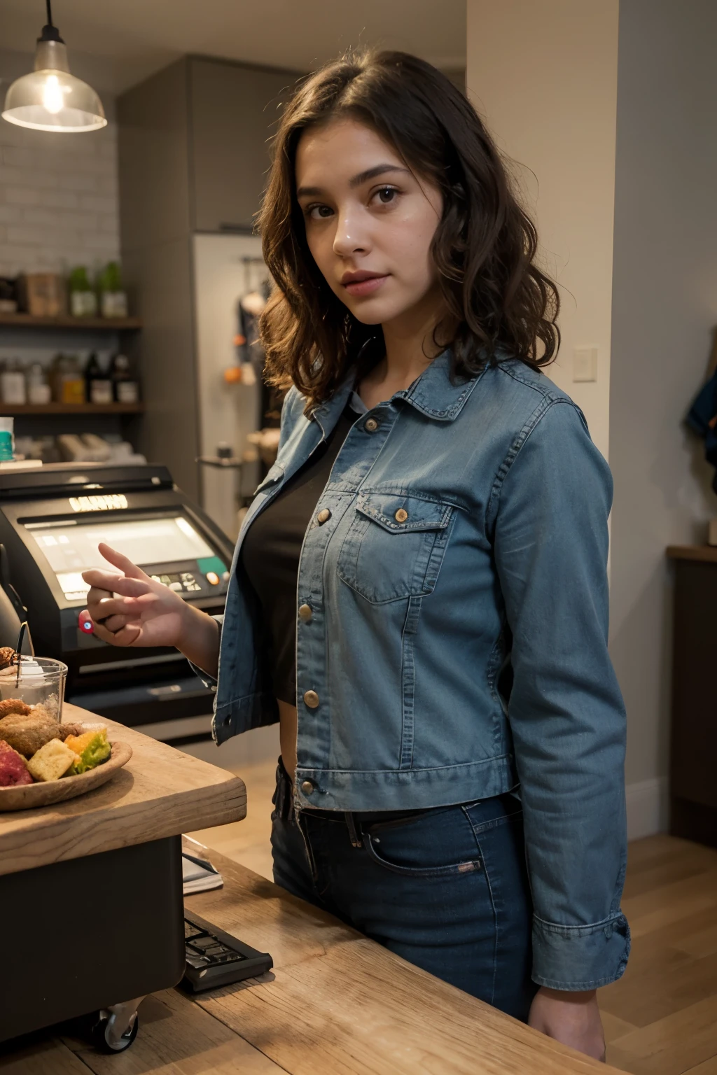 Image for online store attendant, Pixar Disney 3D style. Woman with light skin, dark brown curly hair, blue denim jacket, military green blouse. with credit card in hand