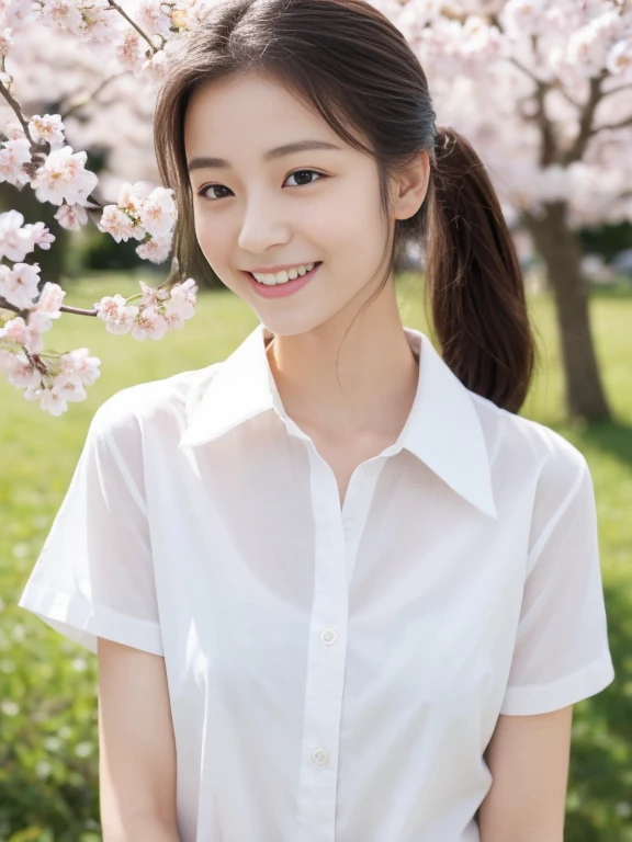 （​masterpiece、high-level image quality、sharp focus）、Wearing a school white shirt with short sleeves、one shirt button is missing, A Japanese Lady、17 age、(perfect anatomia、Precise and beautiful limbs), simple girl with little smile, wind blows hair, short ponytail, big  , Cherry blossoms, 