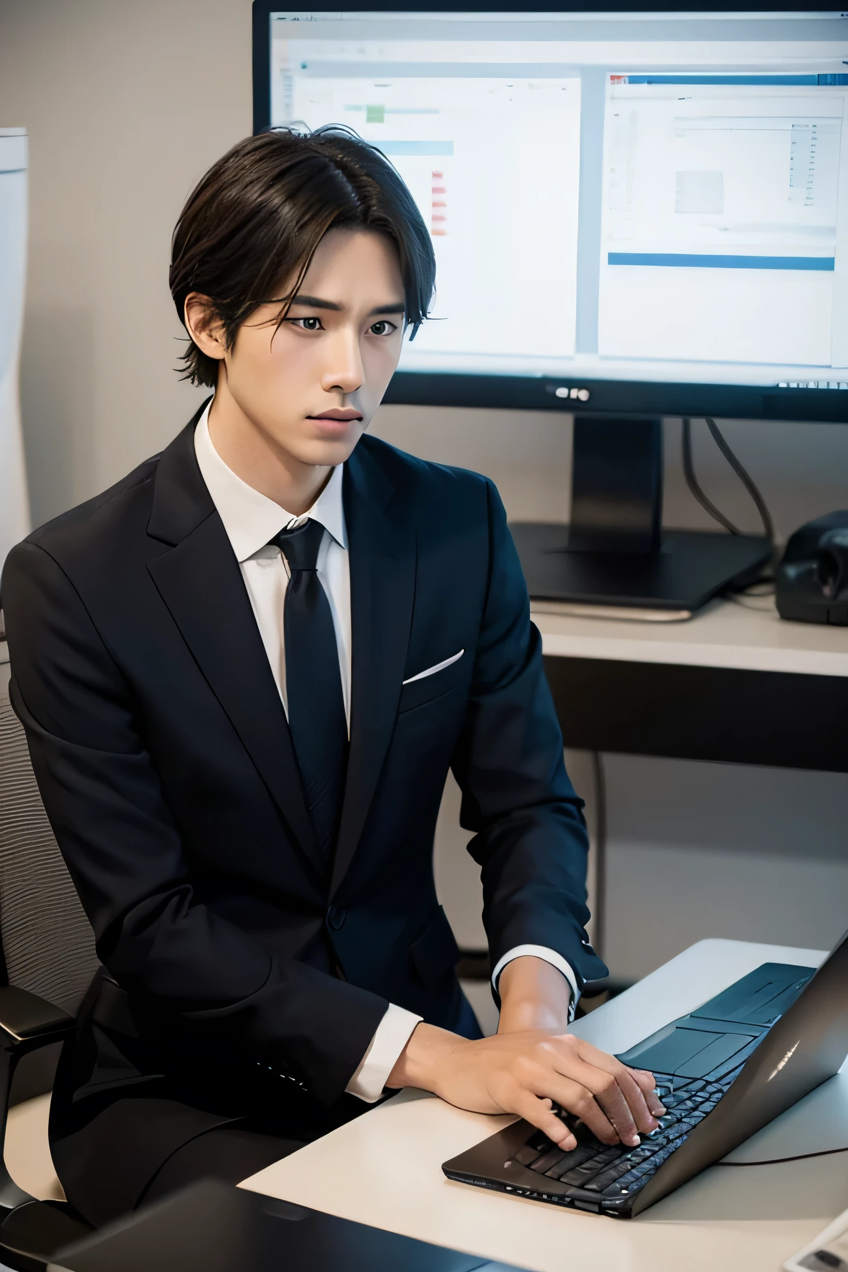 male　Work at a desk with a computer　Serious impression　suit　Working overtime　Troubled face