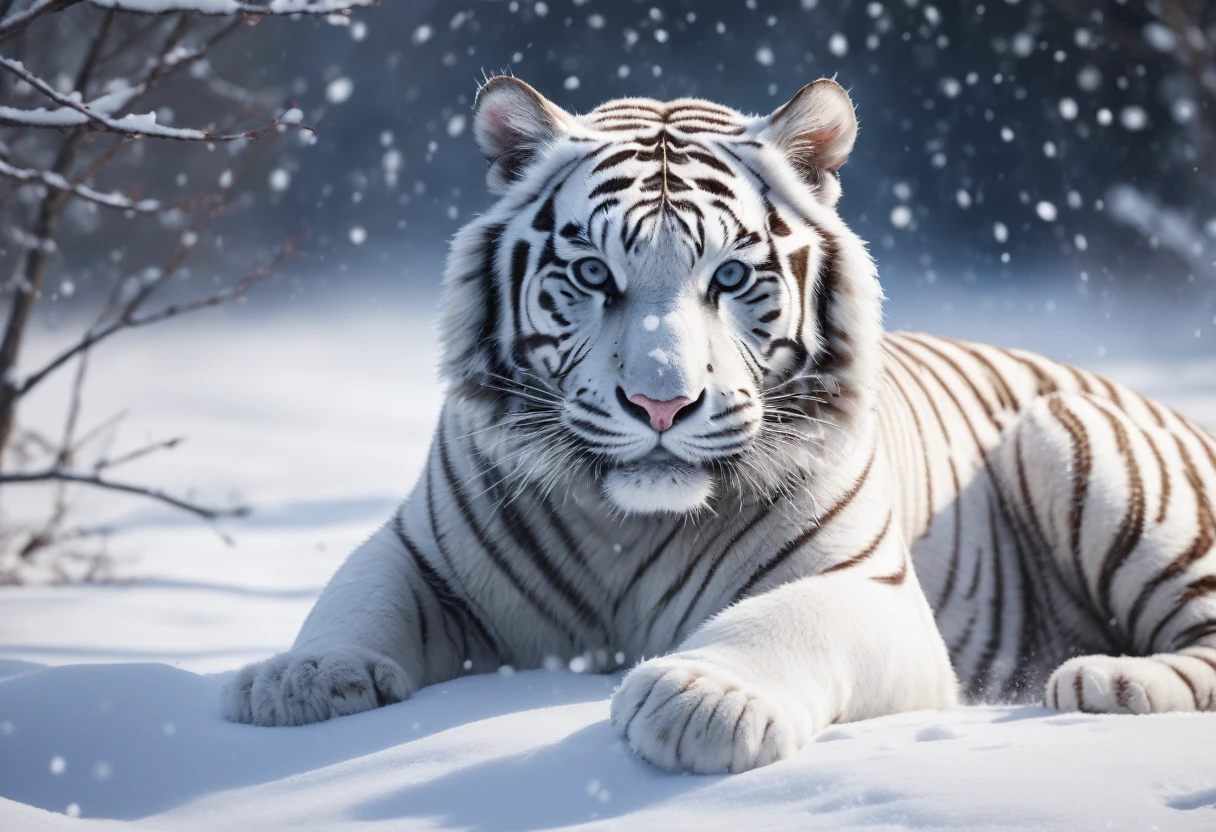 best quality, 4k, 8k, high resolution, (masterpiece: 1.2), ultra detailed, high quality professional photography of a white tiger playing in the snow
