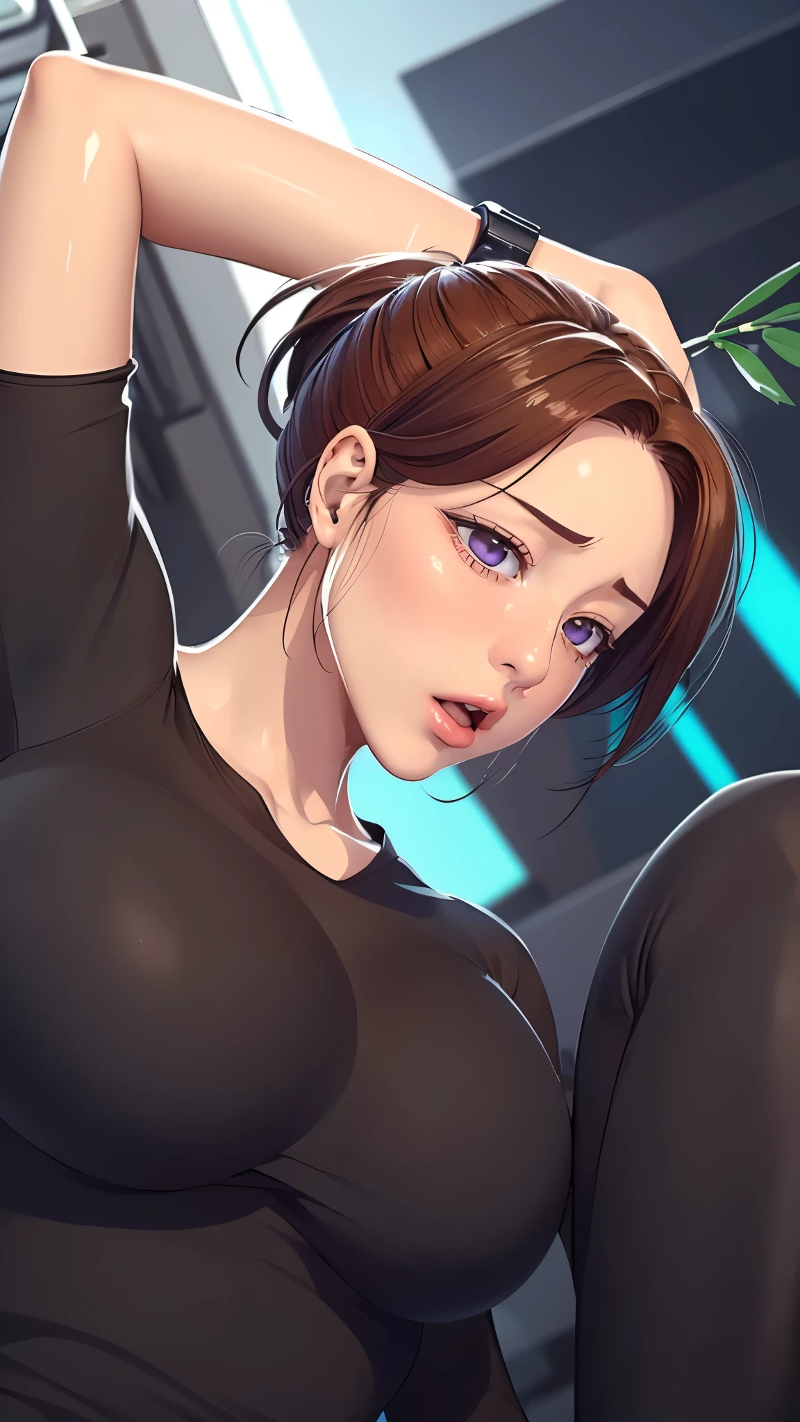 （（（完美figure，figure，solo， White and tender skin，（（（Cyberpunk，Black dress，White cardigan sweater, ））），（（（junescdef,brown hair,purple eyes,medium hair，））），((masterpiece)),high resolution, ((Best quality at best))，masterpiece，quality，Best quality，（（（ Exquisite facial features，Looking at the audience,There is light in the eyes，(（（lol，Happy，））），））），（（（Light and shadow，Huge breasts））），（（（Looking at the camera，black background，Lying on the ground，Look down at the camera，From below，Looking up)）））