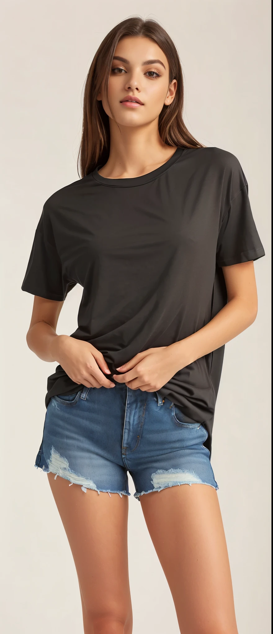 a woman in a camisa preta and denim shorts posing for a picture, camisa cinza, camiseta preta, camiseta preta, camiseta preta, wearing a camiseta preta, vestindo uma camiseta preta, vestindo camiseta preta, roupas simples, wearing pants and t-shirt, camisa preta, Roupa casual, Roupa casual style, vestindo uma camiseta