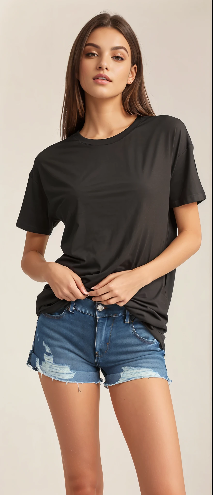 a woman in a camisa preta and denim shorts posing for a picture, camisa cinza, camiseta preta, camiseta preta, camiseta preta, wearing a camiseta preta, vestindo uma camiseta preta, vestindo camiseta preta, roupas simples, wearing pants and t-shirt, camisa preta, Roupa casual, Roupa casual style, vestindo uma camiseta