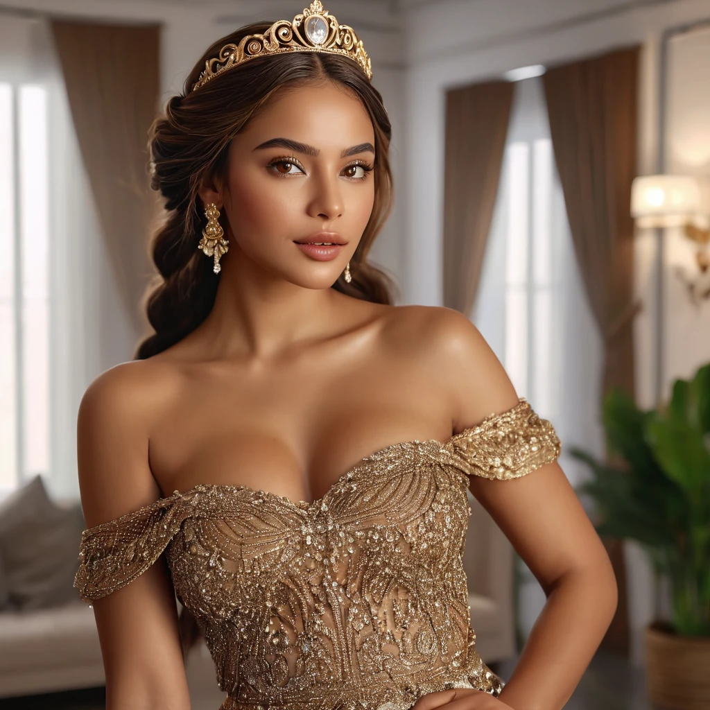 (best quality,4k,highres,masterpiece:1.2),ultra-detailed,(realistic:1.37),(beautiful:1.1) brown-eyed woman with long braid hair and a medium stature, wearing casual and sexy and glamorous clothes, standing gracefully in a well-lit living room. The room is furnished with modern and elegant furniture, giving a luxurious atmosphere. The woman's beautiful face is detailed, with captivating eyes that shine with brown color. Her lips are full and luscious, adding to her sensual appeal. She exudes confidence and elegance as she poses, showcasing her entire body. The lighting in the room highlights her beautiful brown skin, giving it a warm and radiant glow. The overall scene has vivid colors and sharp focus, creating a realistic and photorealistic image. 24k gold and diamond jewelry and necklace, strapless clothing, full body, gold tiara