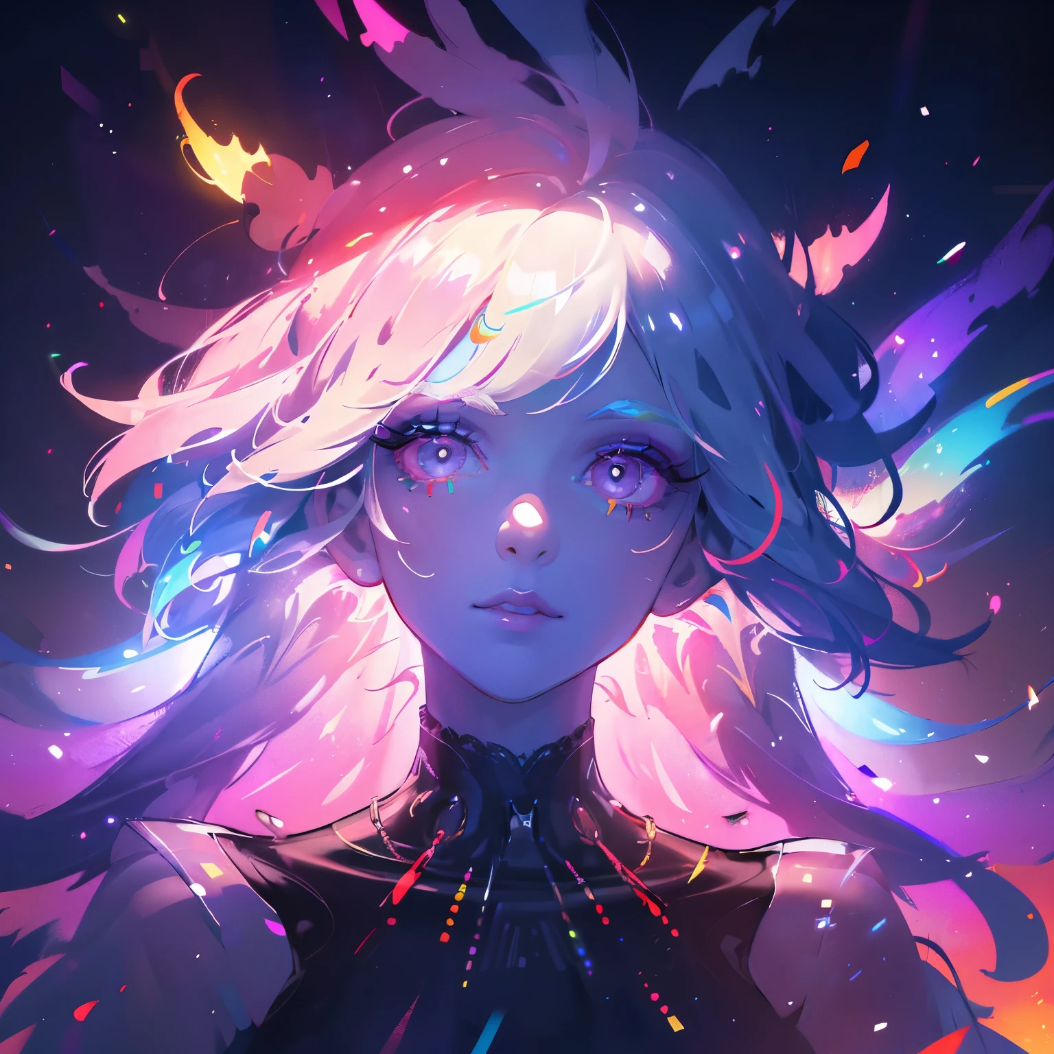 a female colorful rainbow explosion of multi colored glowing lights, whimsical,beautiful detailed face, perfect skin,long eyelashes,detailed eyes and lips,intricate details,dramatic lighting,vibrant colors,fantasy,digital art,cinematic,hyper detailed,photorealistic,masterpiece,8k,best quality